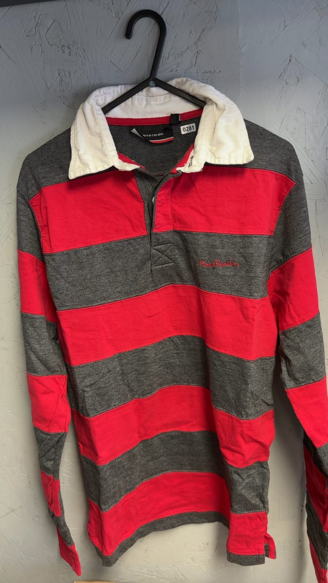 Pierre Cardin Men's Red & Grey Striped Cotton Rugby Shirt Small good condition