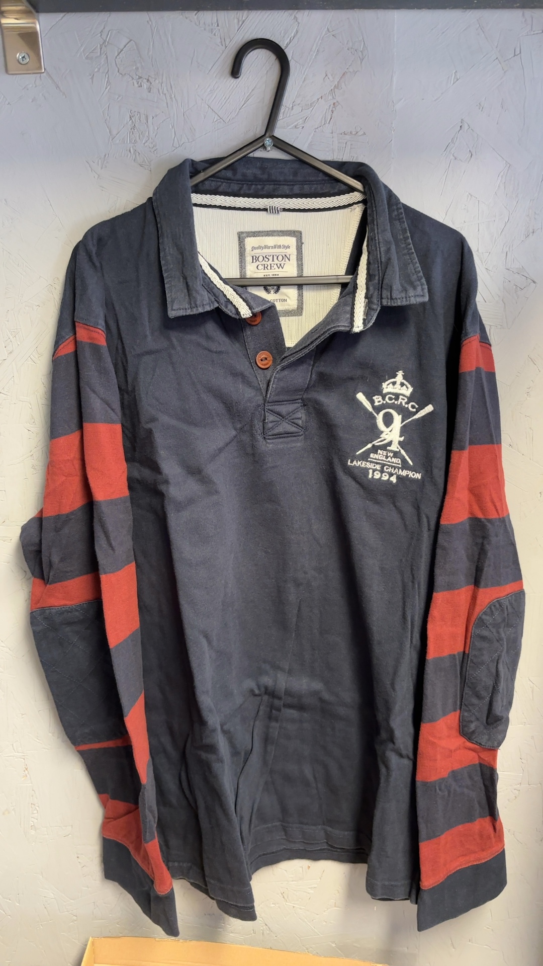 Boston Crew Navy & Red Rugby Polo Shirt Large Cotton good condition