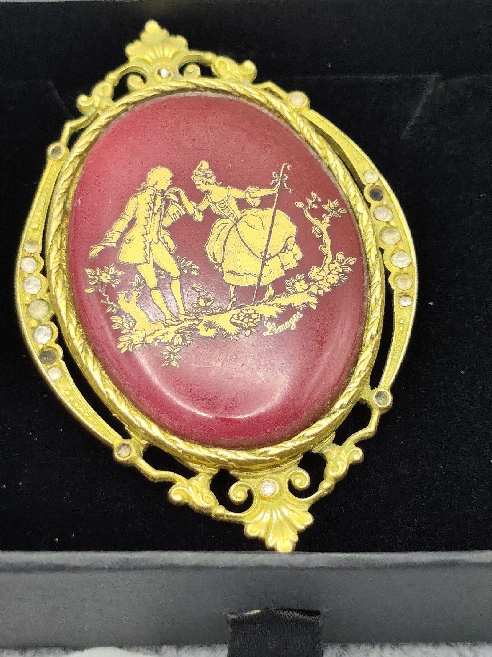 Limoges Vintage Gold Tone Red Porcelain Brooch with Rhinestones Other image 2