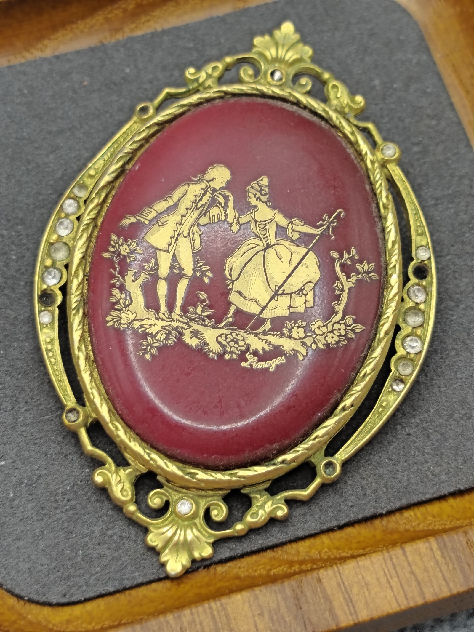 Limoges Vintage Gold Tone Red Porcelain Brooch with Rhinestones Other image 3