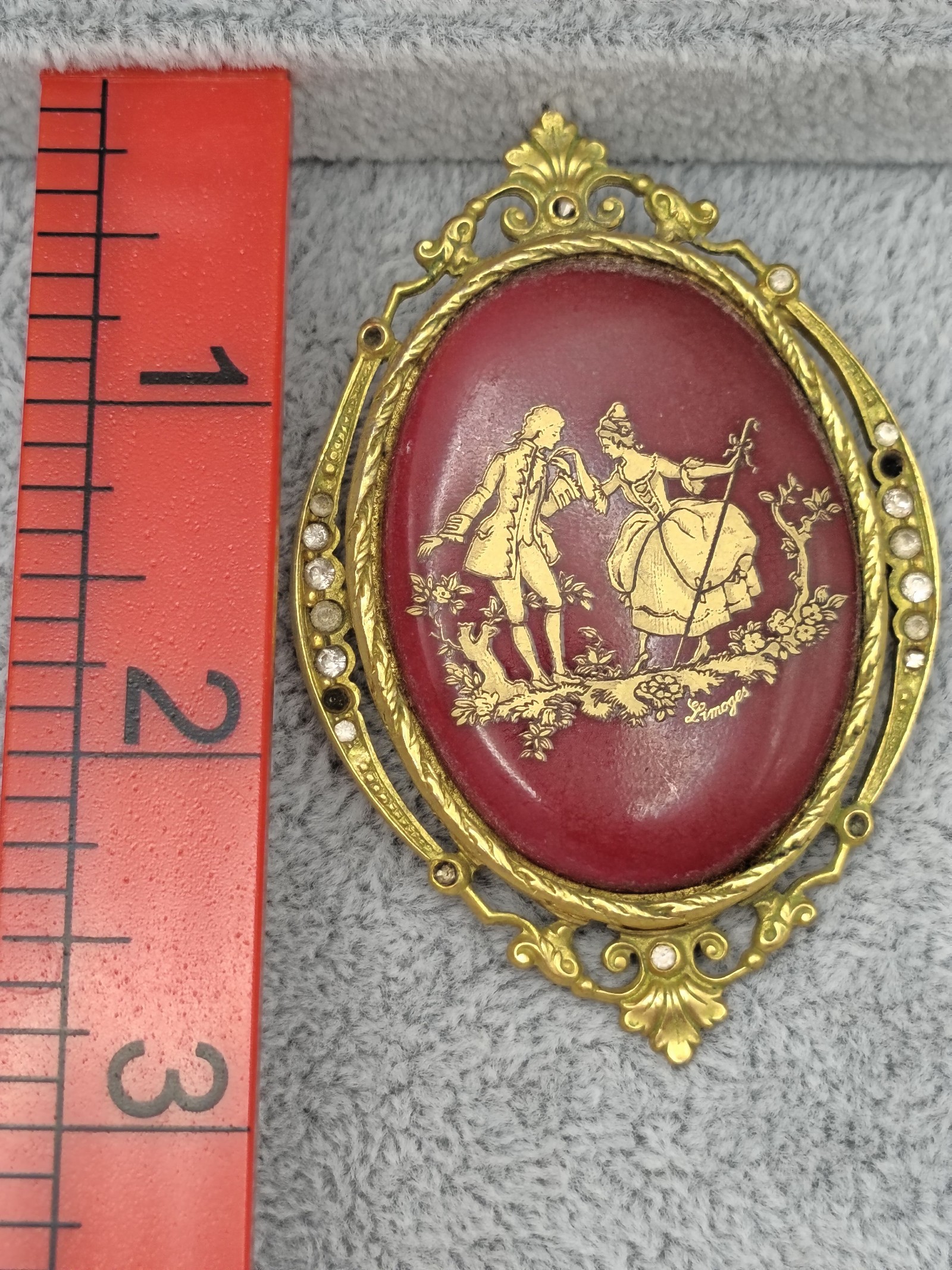 Limoges Vintage Gold Tone Red Porcelain Brooch with Rhinestones Other image 9
