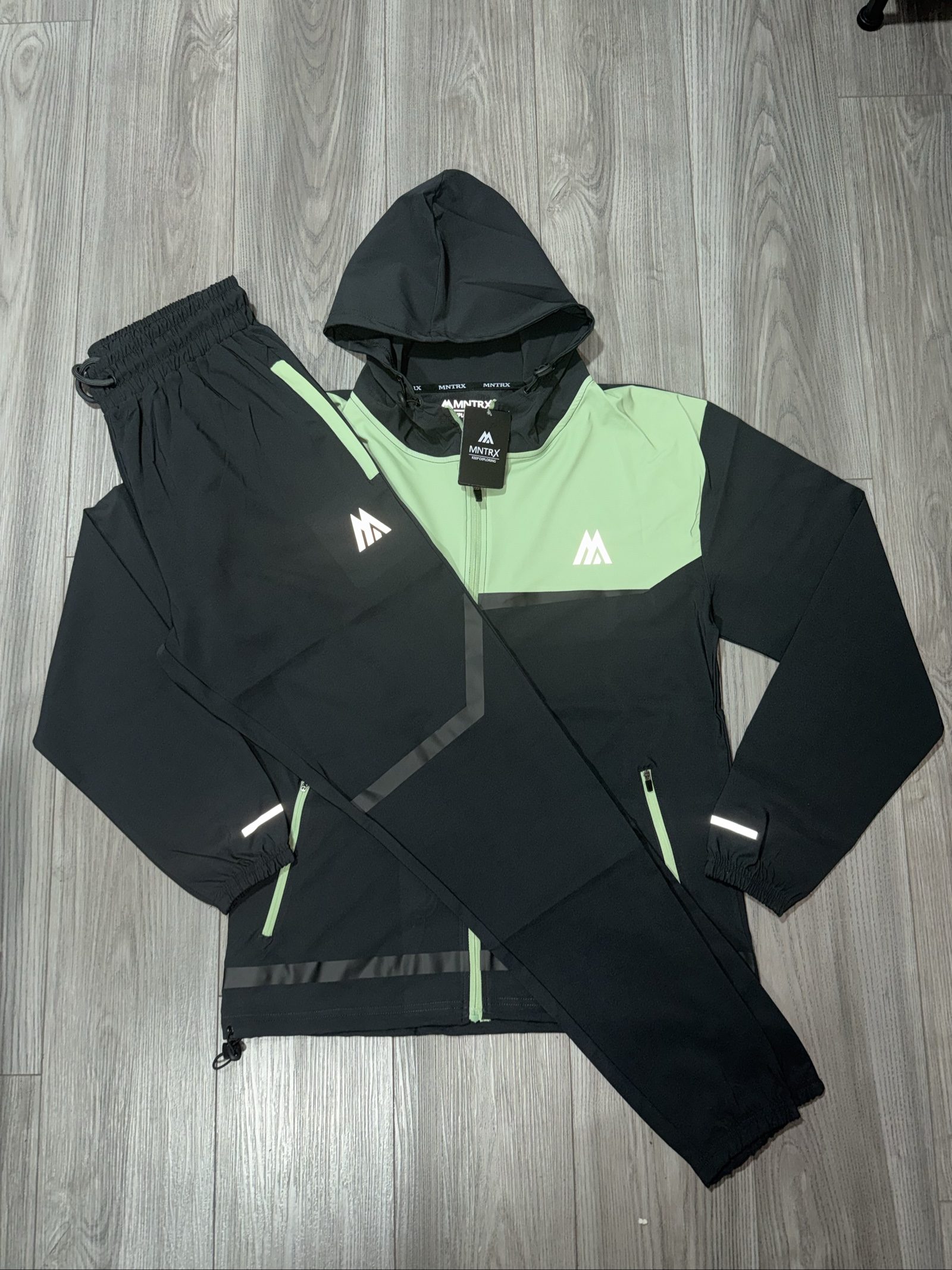 MNTRX Black & Green Hooded Track Suit Medium Reflective Logo size S