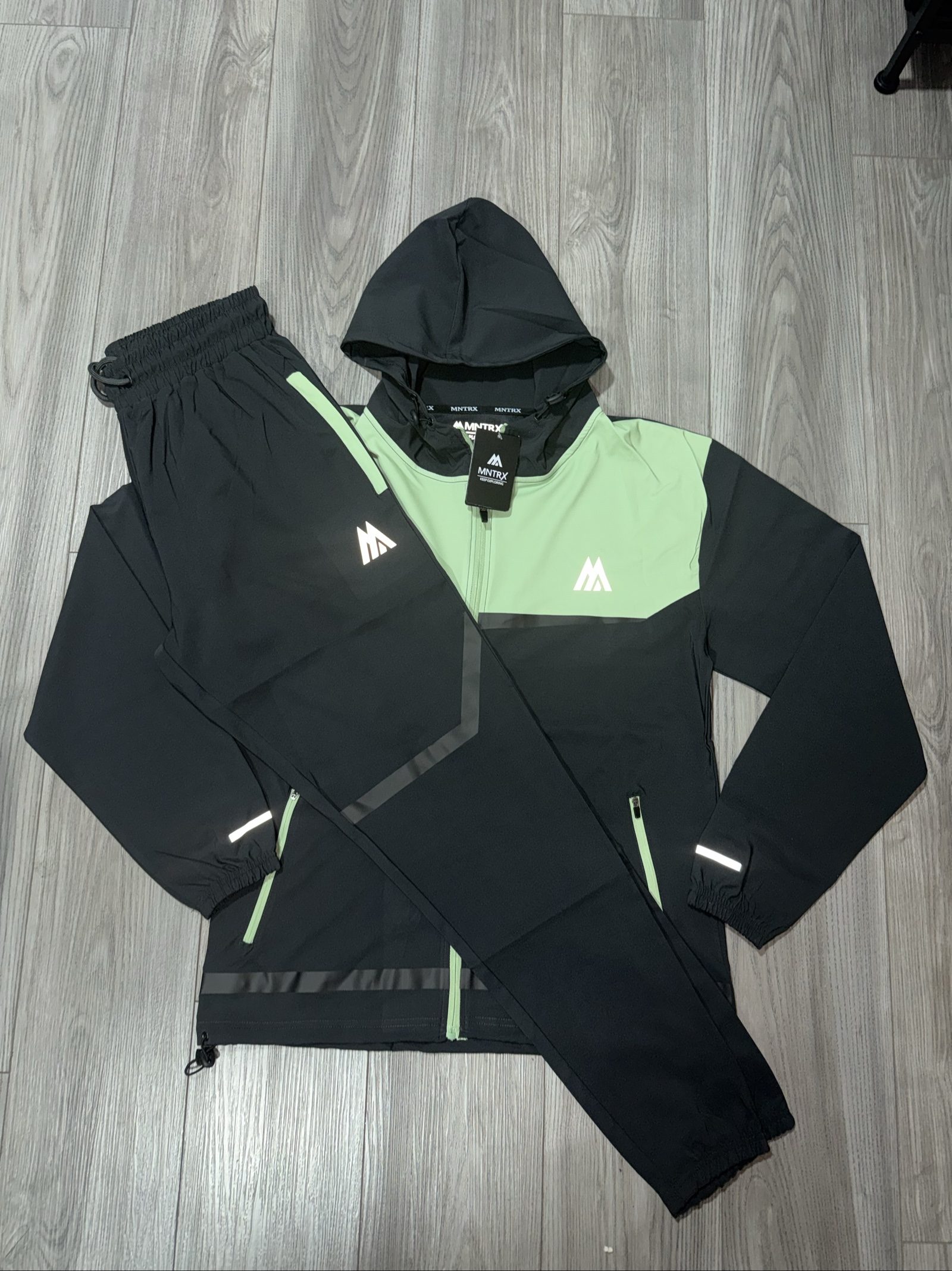 MNTRX Black & Green Hooded Track Suit Medium Reflective Logo size S image 2