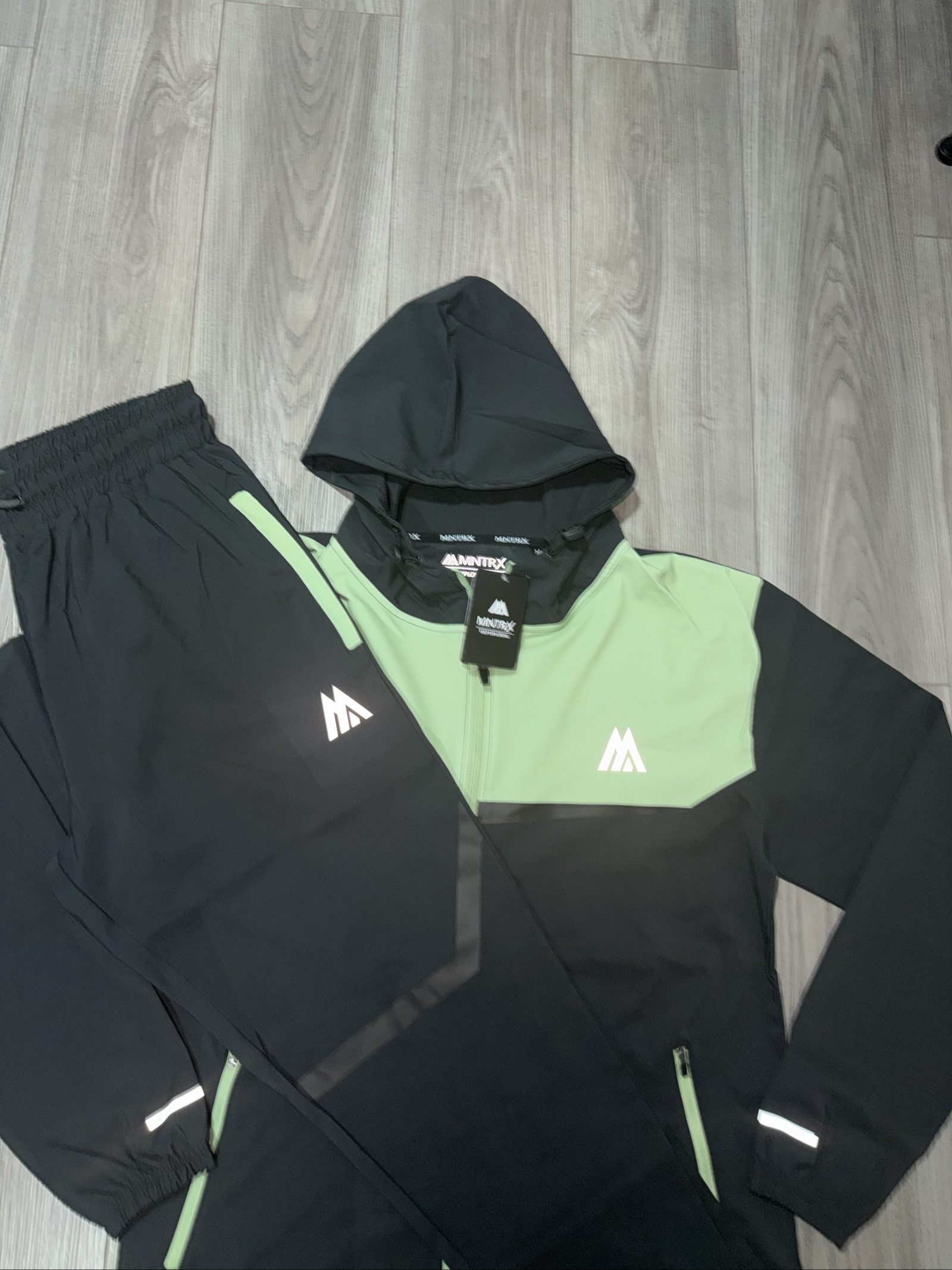 MNTRX Black & Green Hooded Track Suit Medium Reflective Logo size S image 3