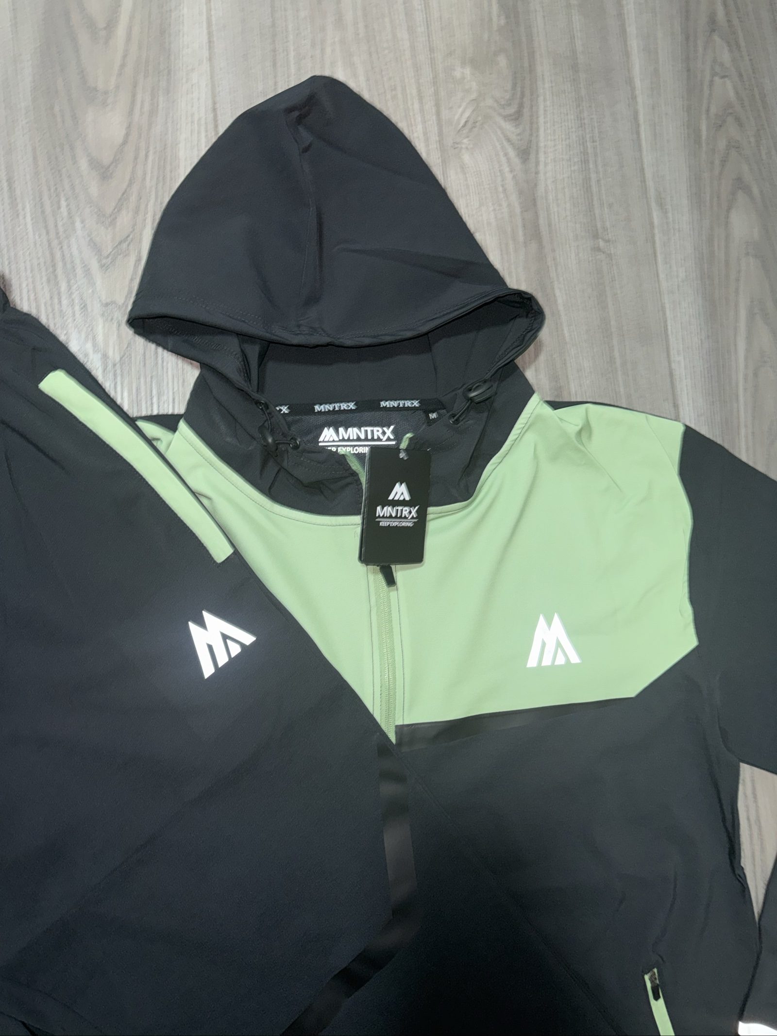 MNTRX Black & Green Hooded Track Suit Medium Reflective Logo size S image 5