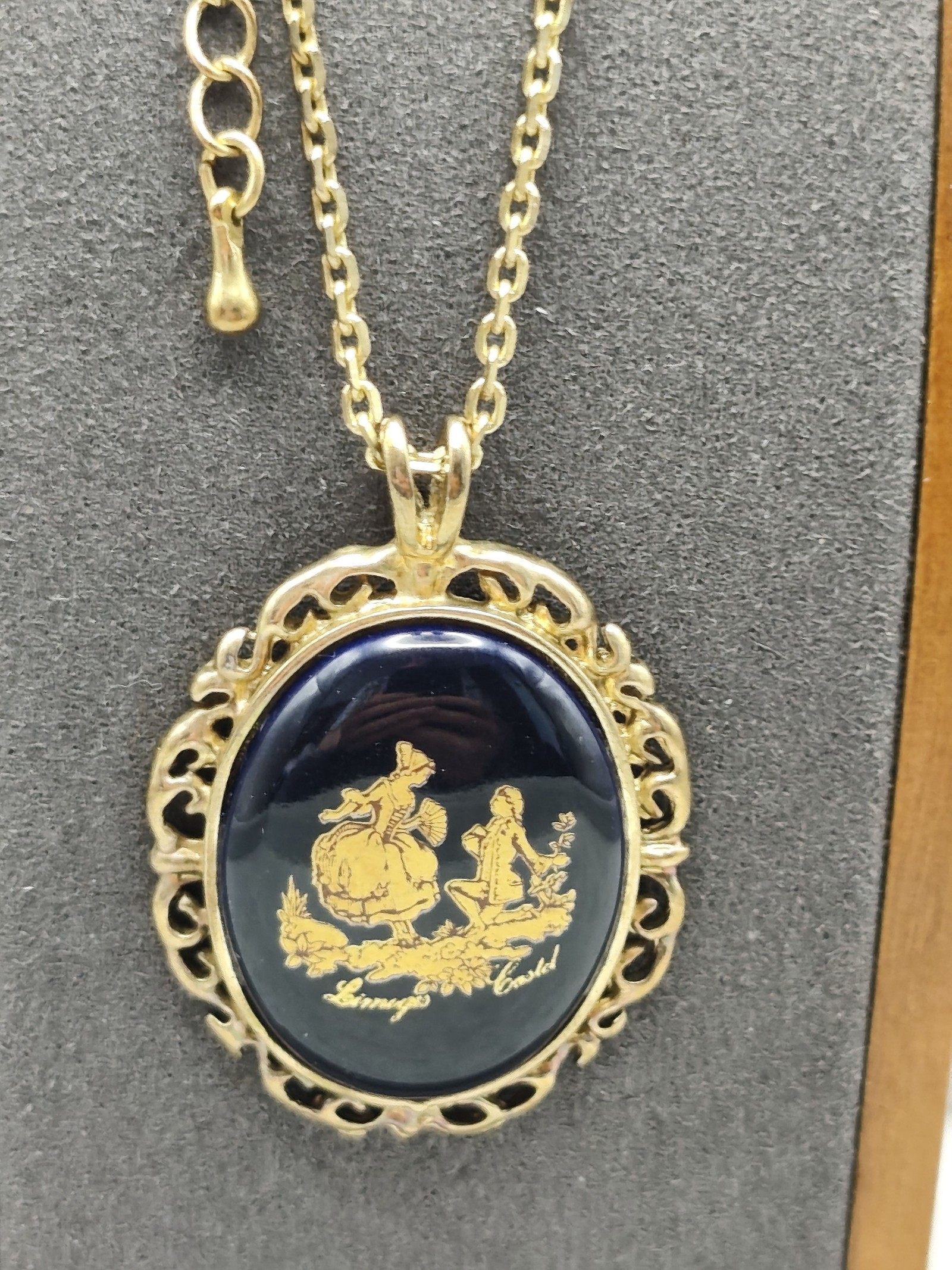 Limoges Castel Gold & Blue Porcelain Pendant Necklace Adjustable Women image 2