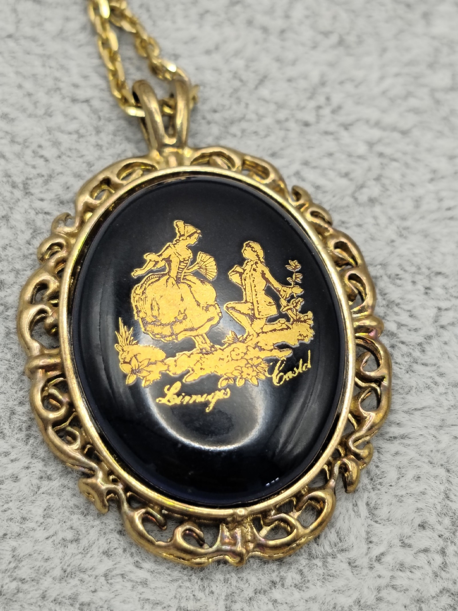 Limoges Castel Gold & Blue Porcelain Pendant Necklace Adjustable Women image 3