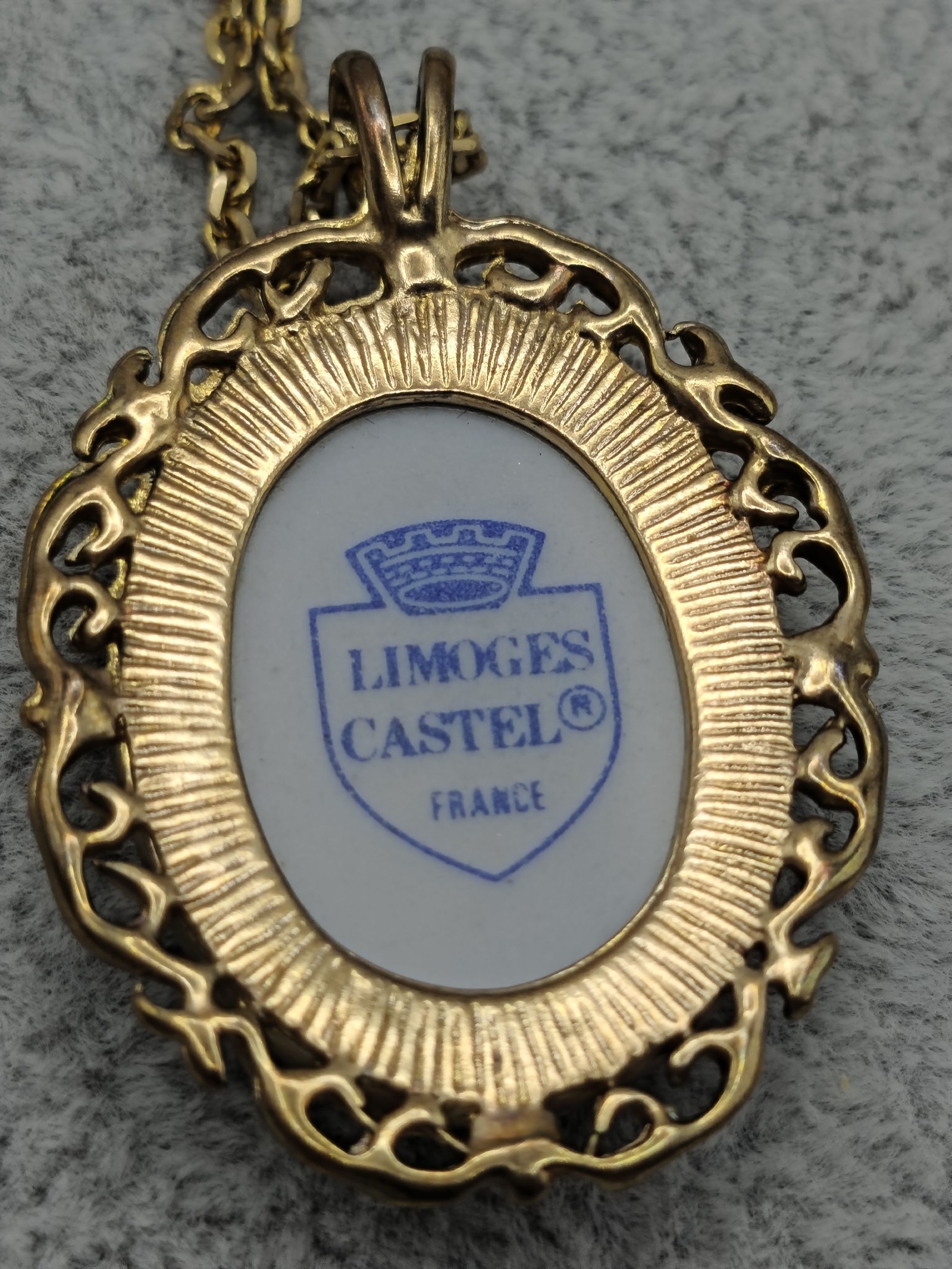 Limoges Castel Gold & Blue Porcelain Pendant Necklace Adjustable Women image 4