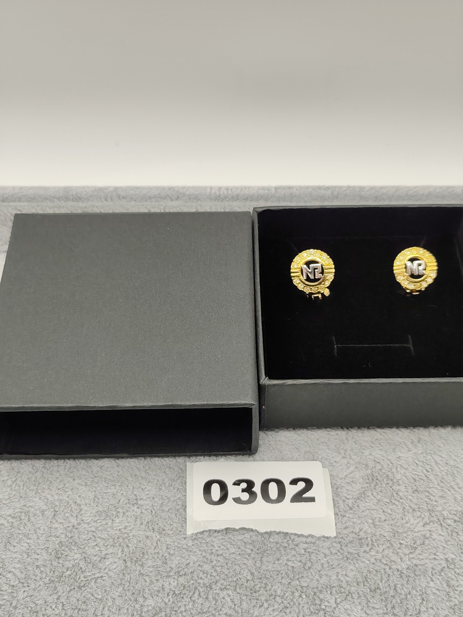 Nina Ricci Gold Tone Logo Crystal Clip-On Earrings