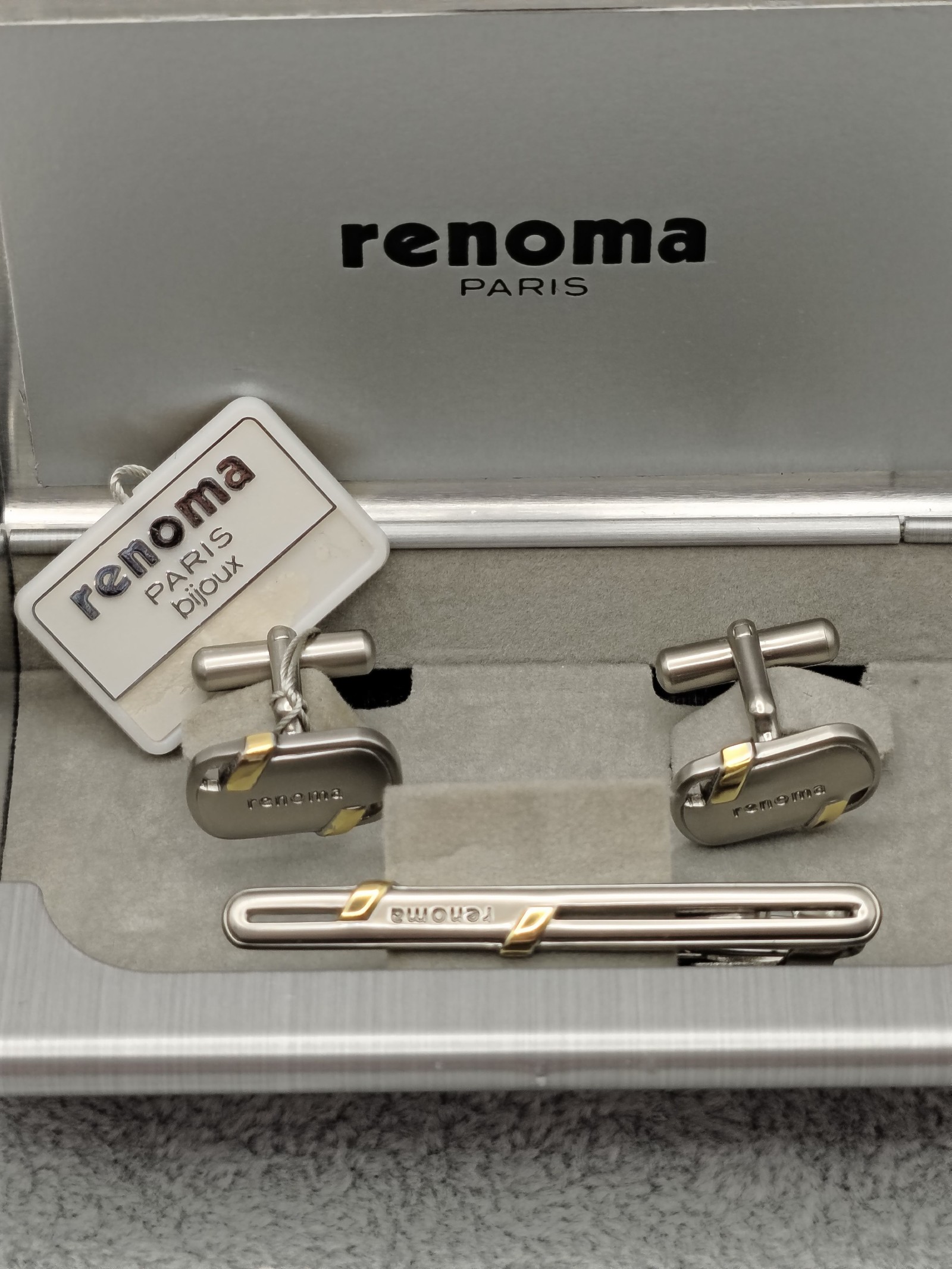Renoma Men Silver & Gold Cufflinks & Tie Clip Set image 2