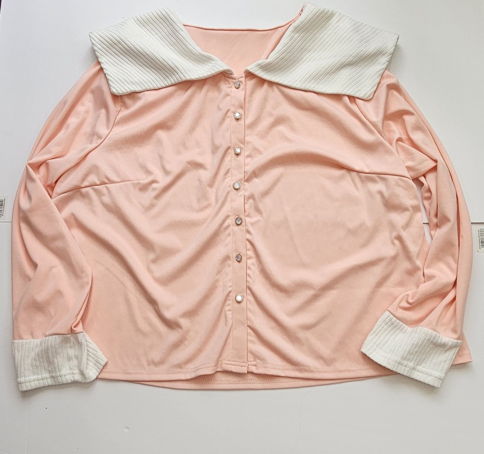 Peach & White Women's Long Sleeve Blouse Large Button Front Ribbed Collar & Cuff Large