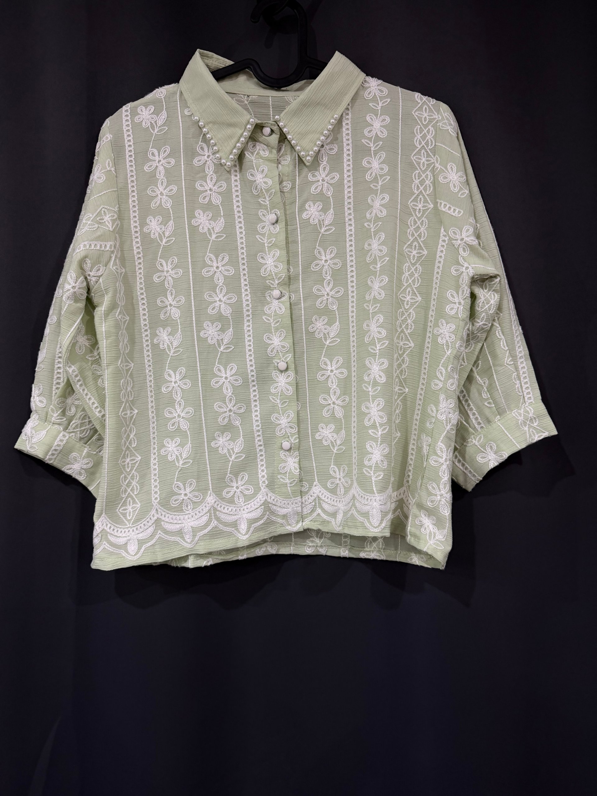 Green & White Embroidered Button-Up Blouse Large image 3