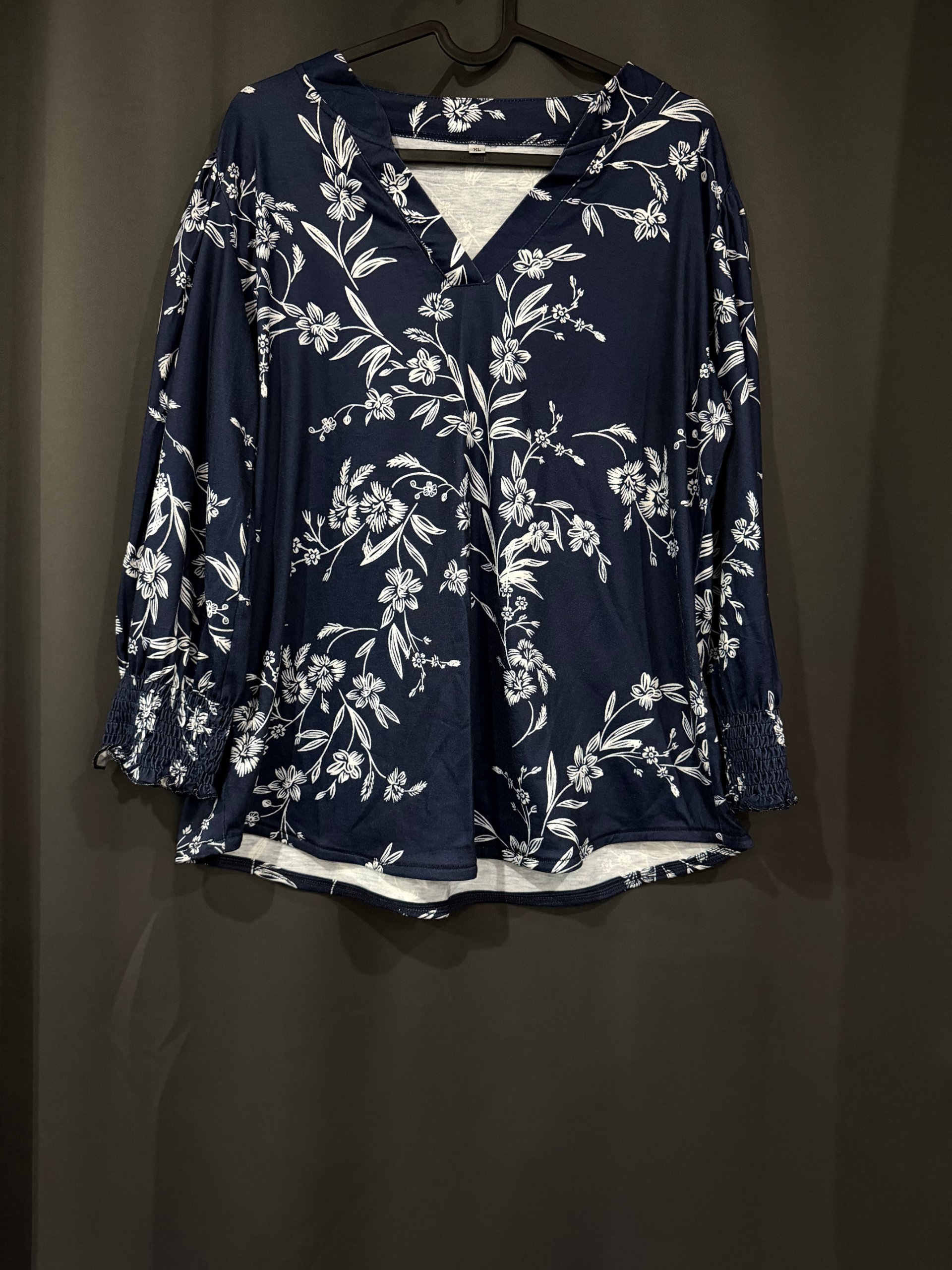 Navy & White Floral Long Sleeve Top XL Women's