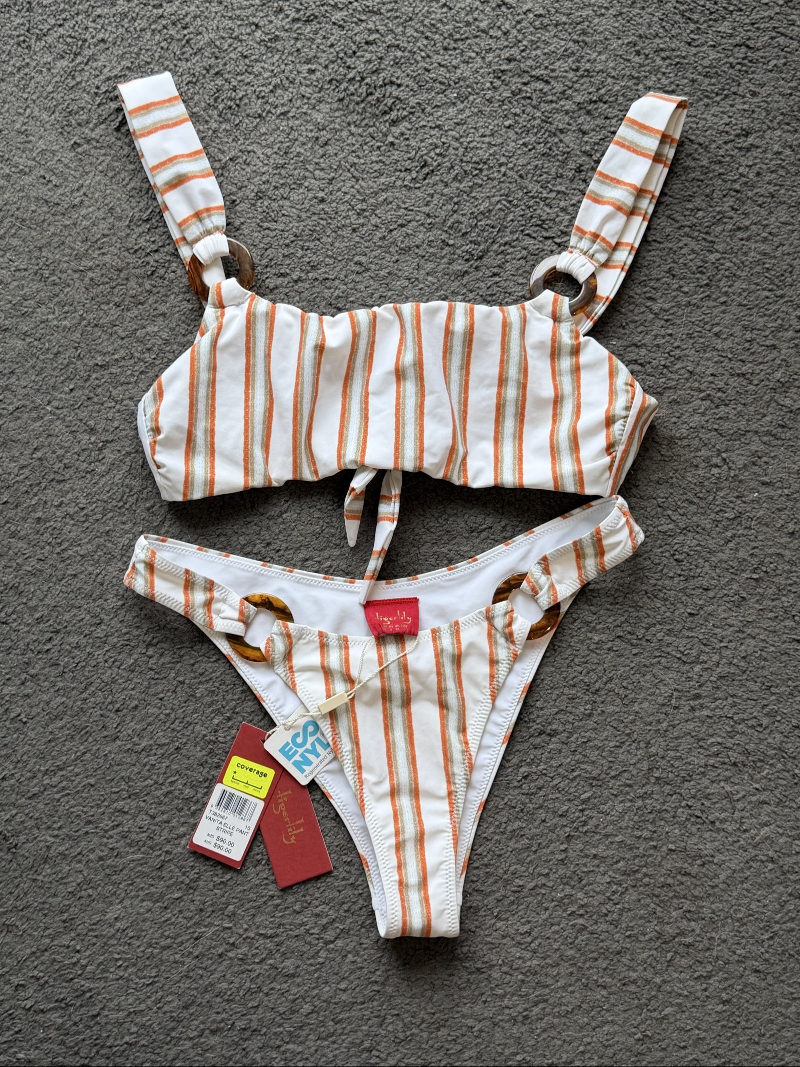 Tigerlily White, Orange & Olive Stripe Bikini Set Size 10