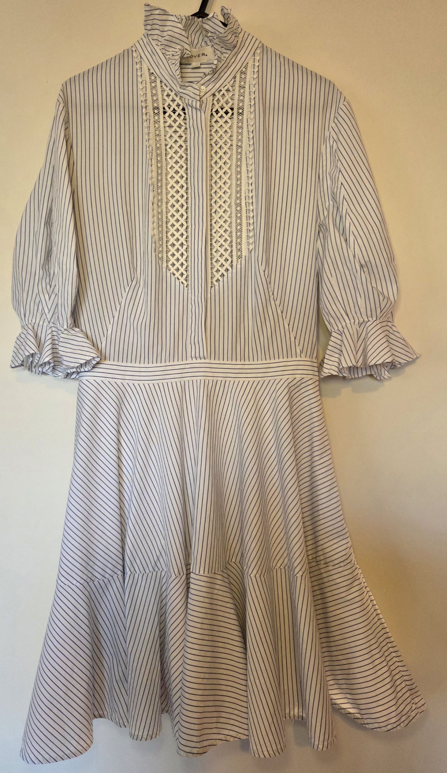 LOVER Women's Blue & White Stripe Cotton Ruffle Neck Dress Size 10 image 3