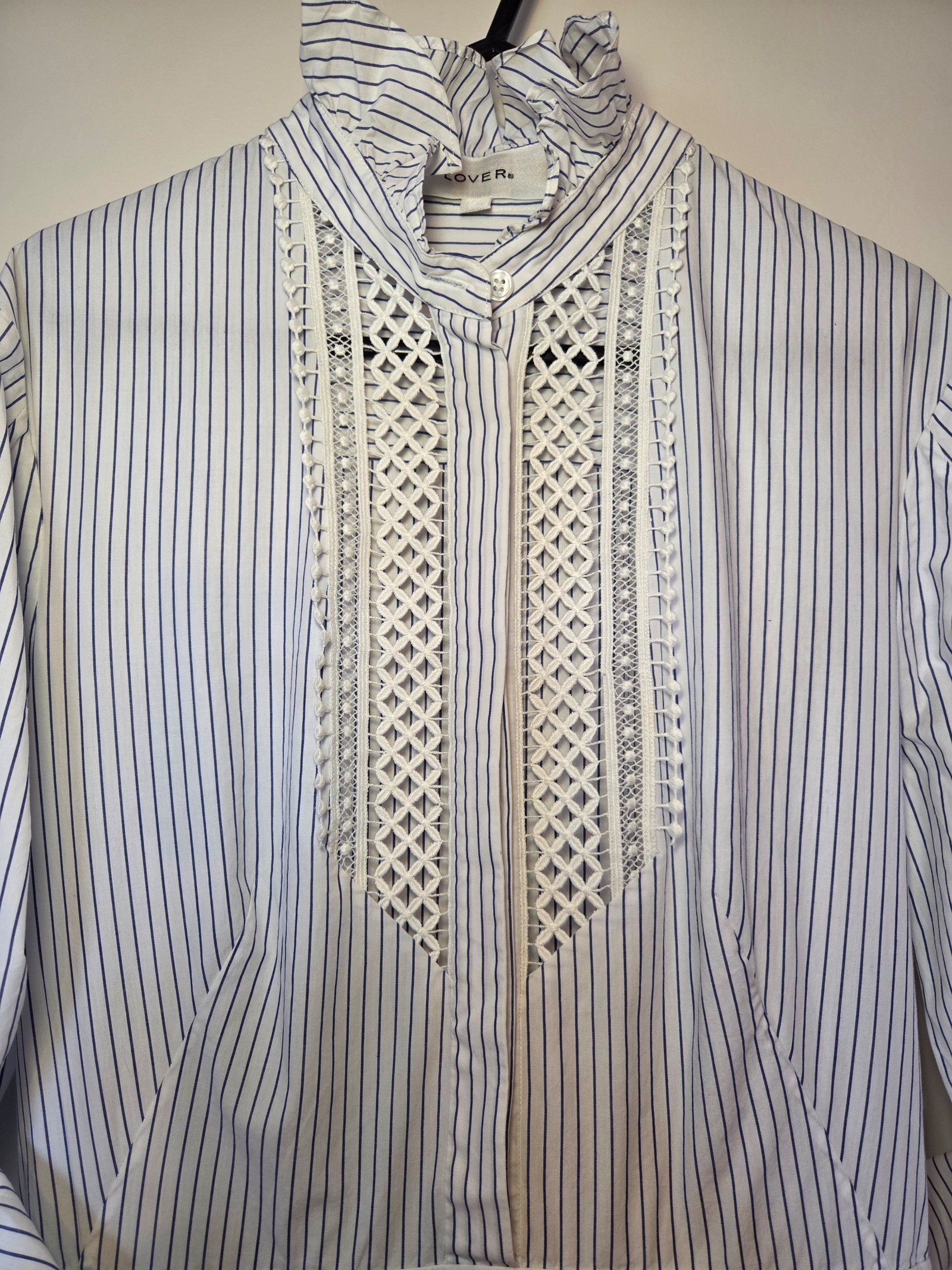 LOVER Women's Blue & White Stripe Cotton Ruffle Neck Dress Size 10 image 4