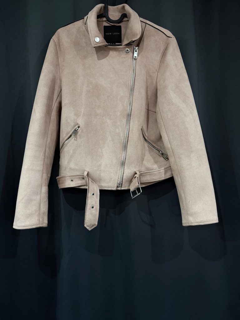 New Look Women's Beige Cropped Faux Suede Biker Jacket UK 12