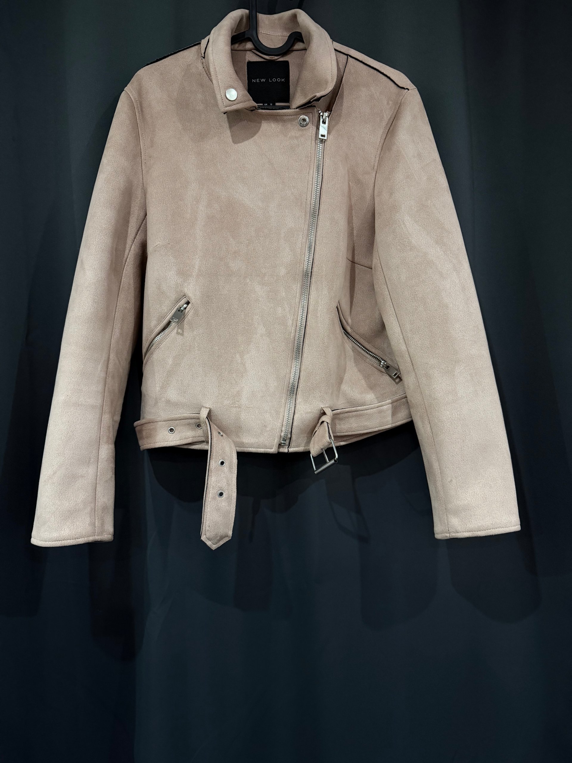 New Look Women's Beige Cropped Faux Suede Biker Jacket UK 12