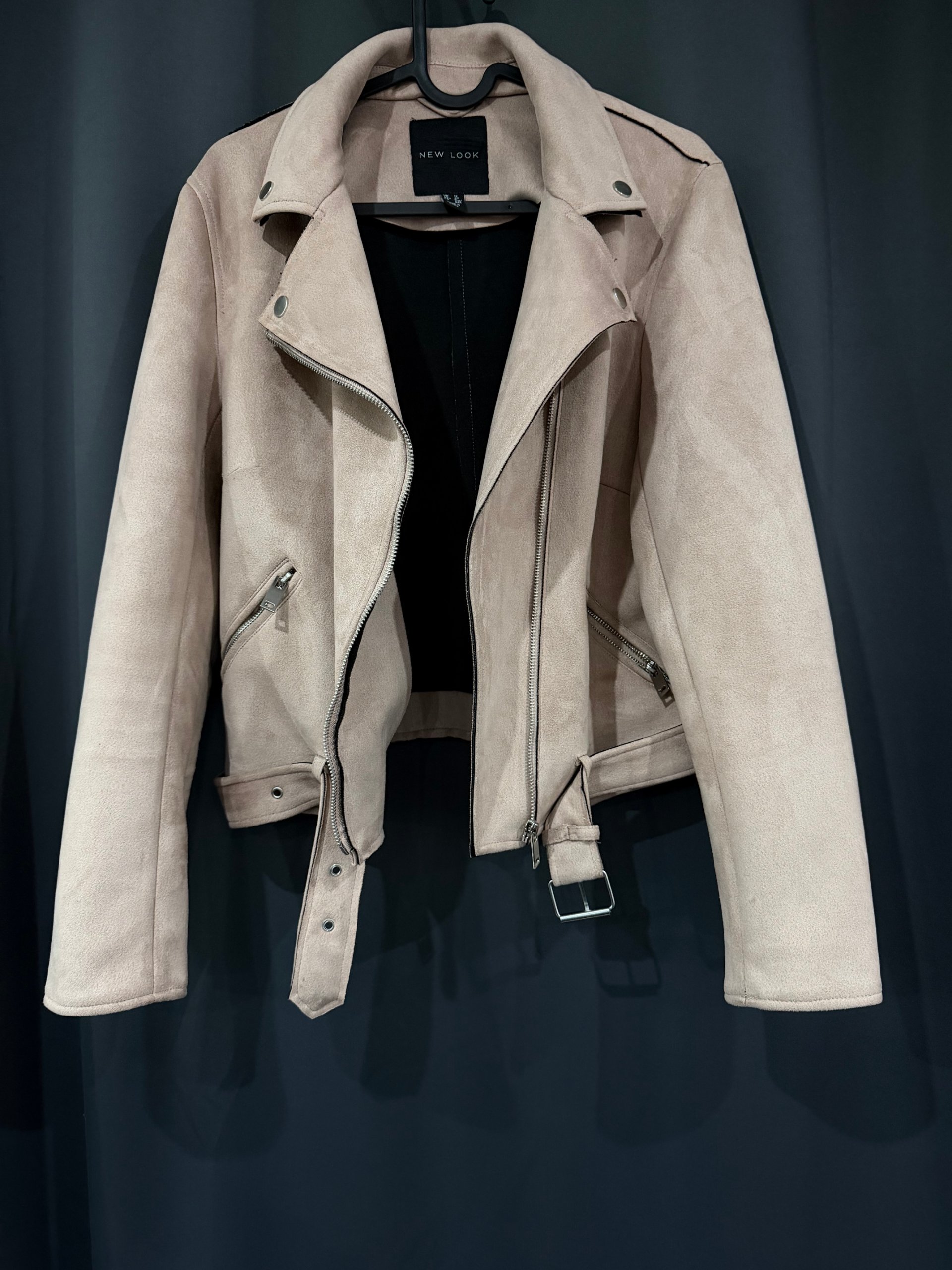 New Look Women's Beige Cropped Faux Suede Biker Jacket UK 12 image 2