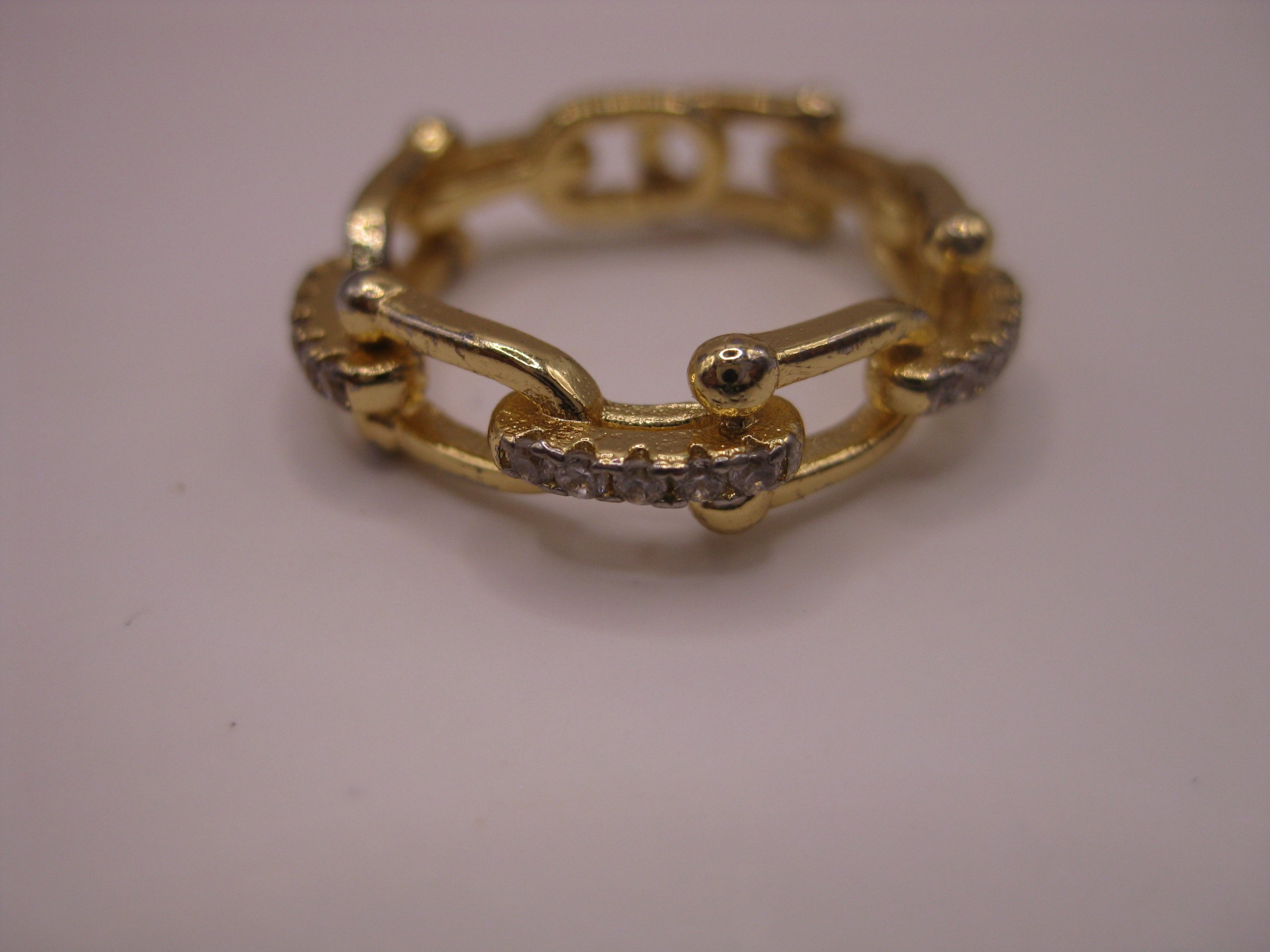 Gold Tone Chain Link Ring with Clear Crystal Accents Size 15