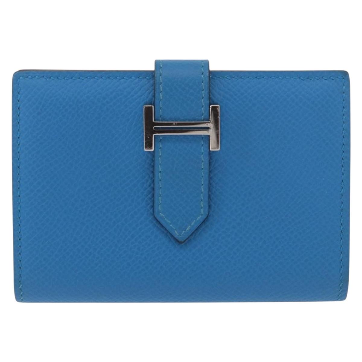 HERMES Bean Card Case Leather Blue Silver Auth 191663M image 2