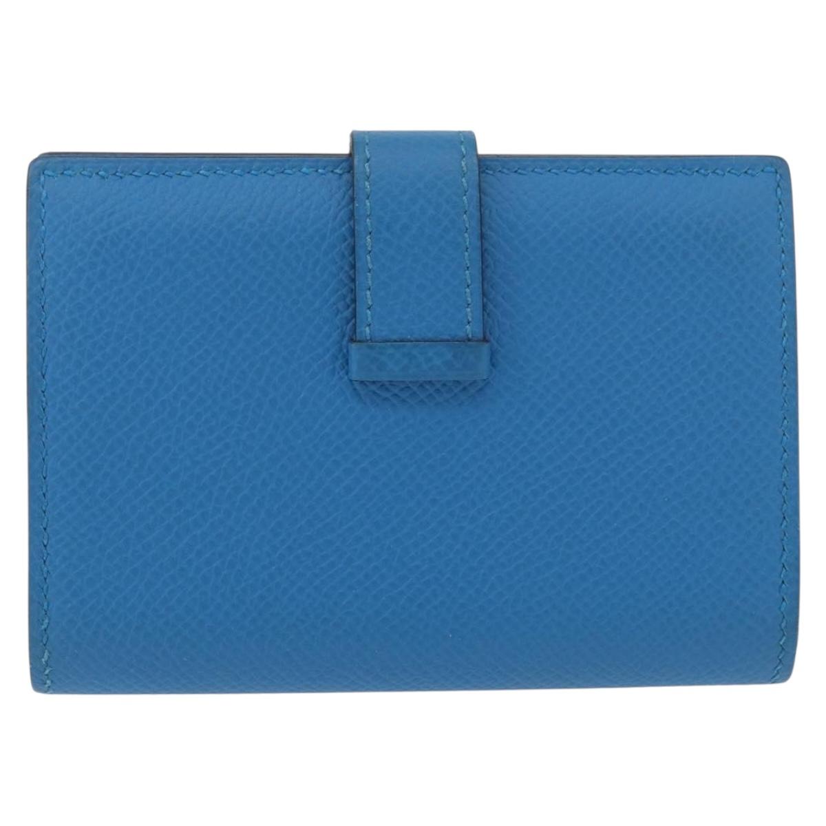 HERMES Bean Card Case Leather Blue Silver Auth 191663M image 3