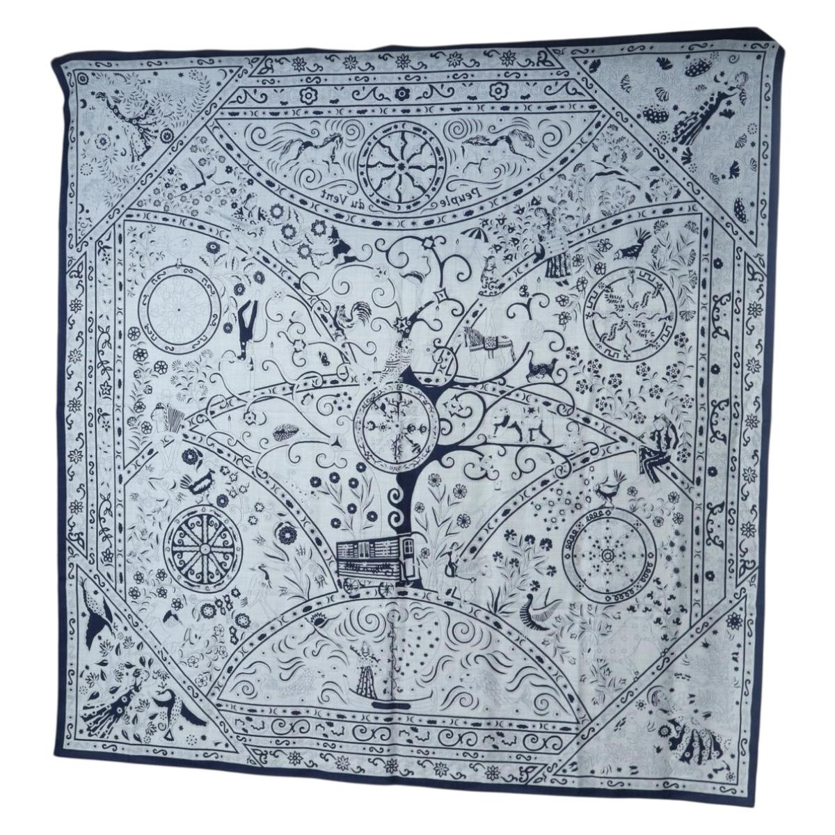 HERMES Carre 140 Scarf "Peuple Du Vent" Cashmere Navy Auth hk3921M