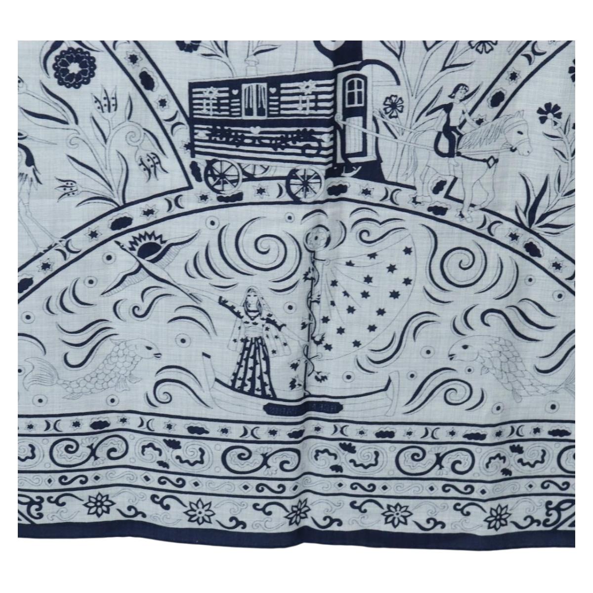 HERMES Carre 140 Scarf "Peuple Du Vent" Cashmere Navy Auth hk3921M image 9