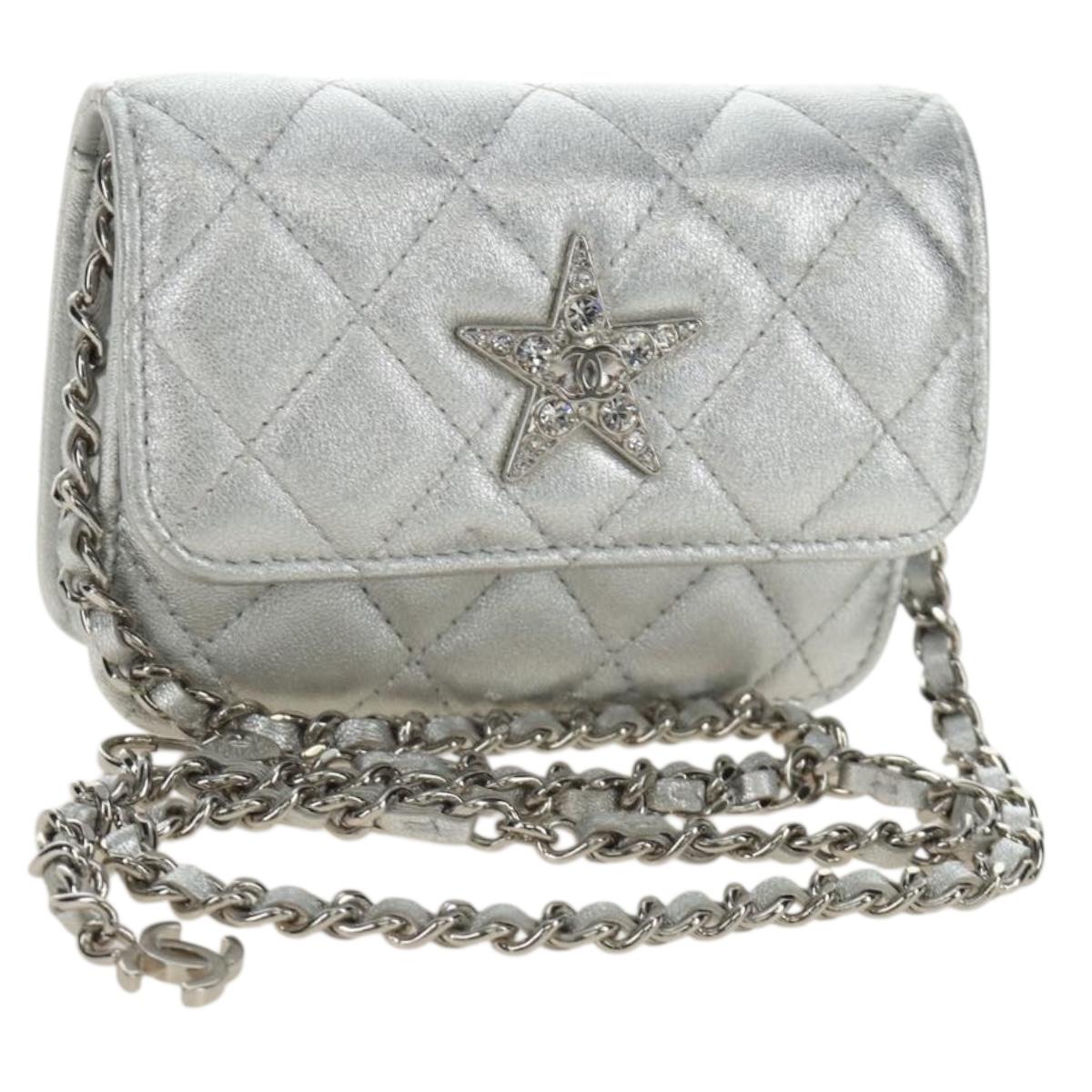 CHANEL Matelasse Chain Shoulder Bag Lamb Skin Silver CC Auth 190674SAM