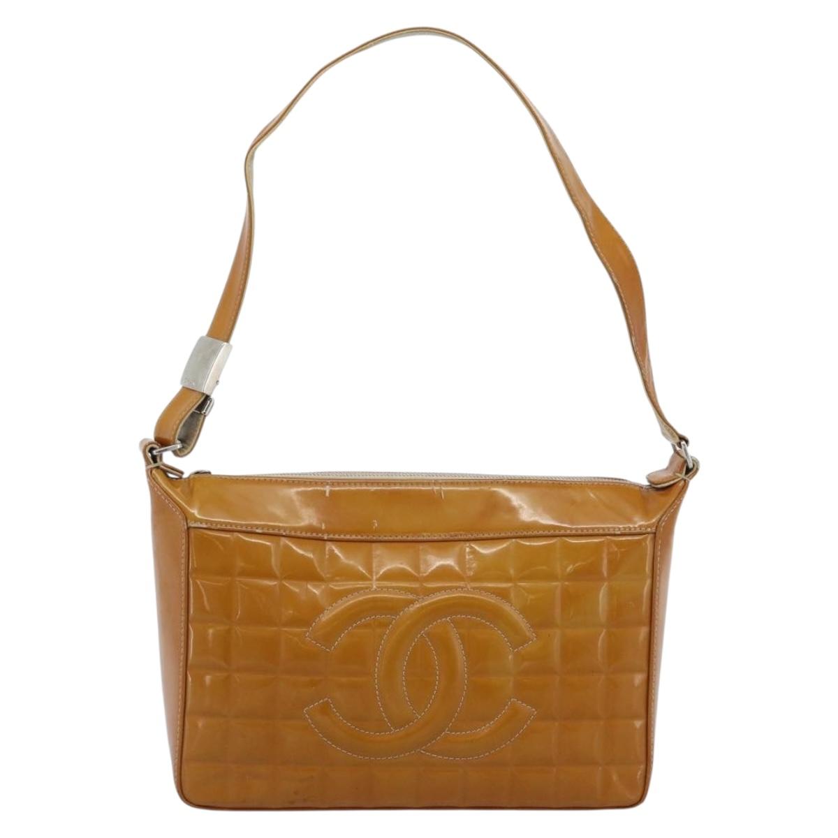 CHANEL Choco Bar Line Shoulder Bag Patent Leather Brown Silver CC Auth mr2768 image 2