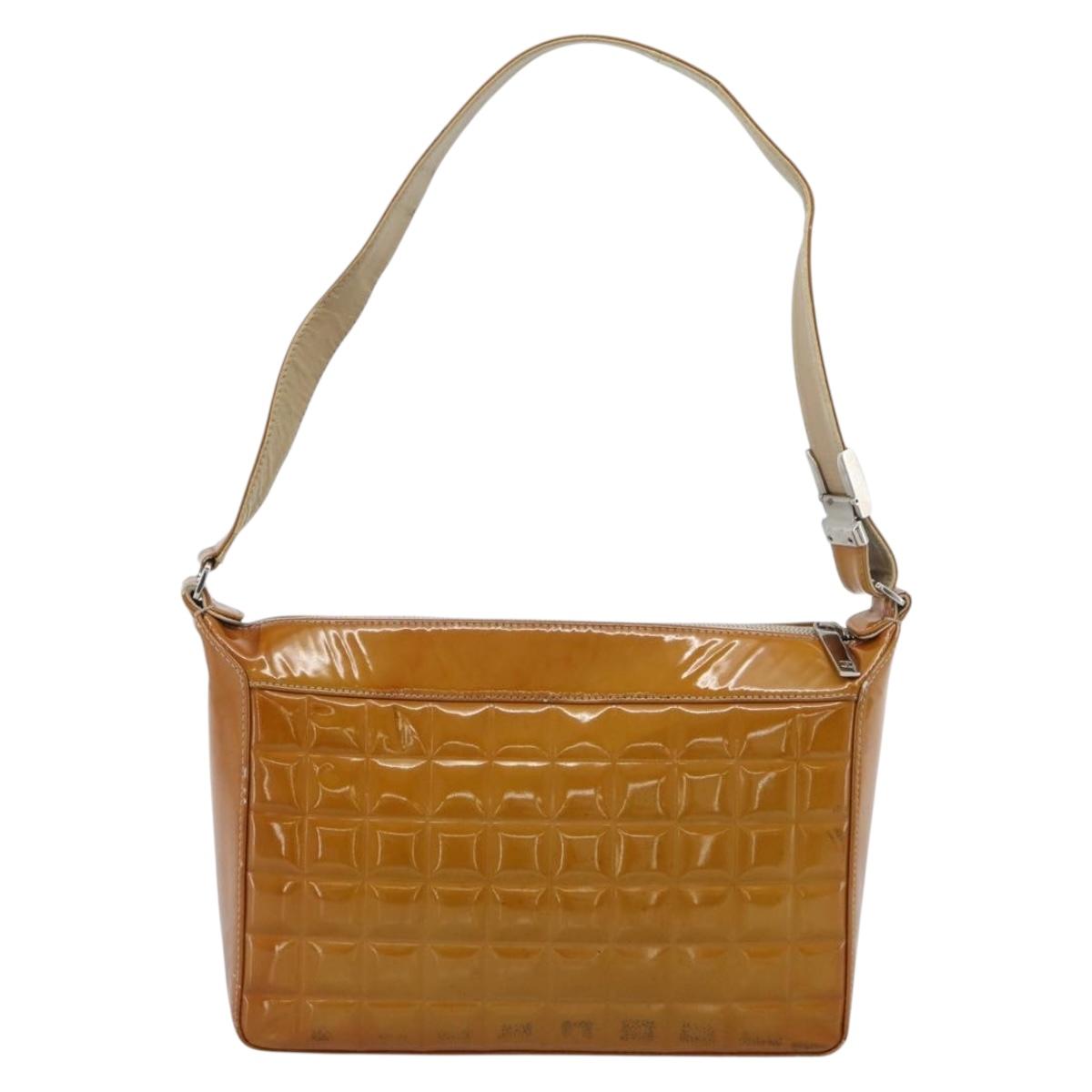 CHANEL Choco Bar Line Shoulder Bag Patent Leather Brown Silver CC Auth mr2768 image 3