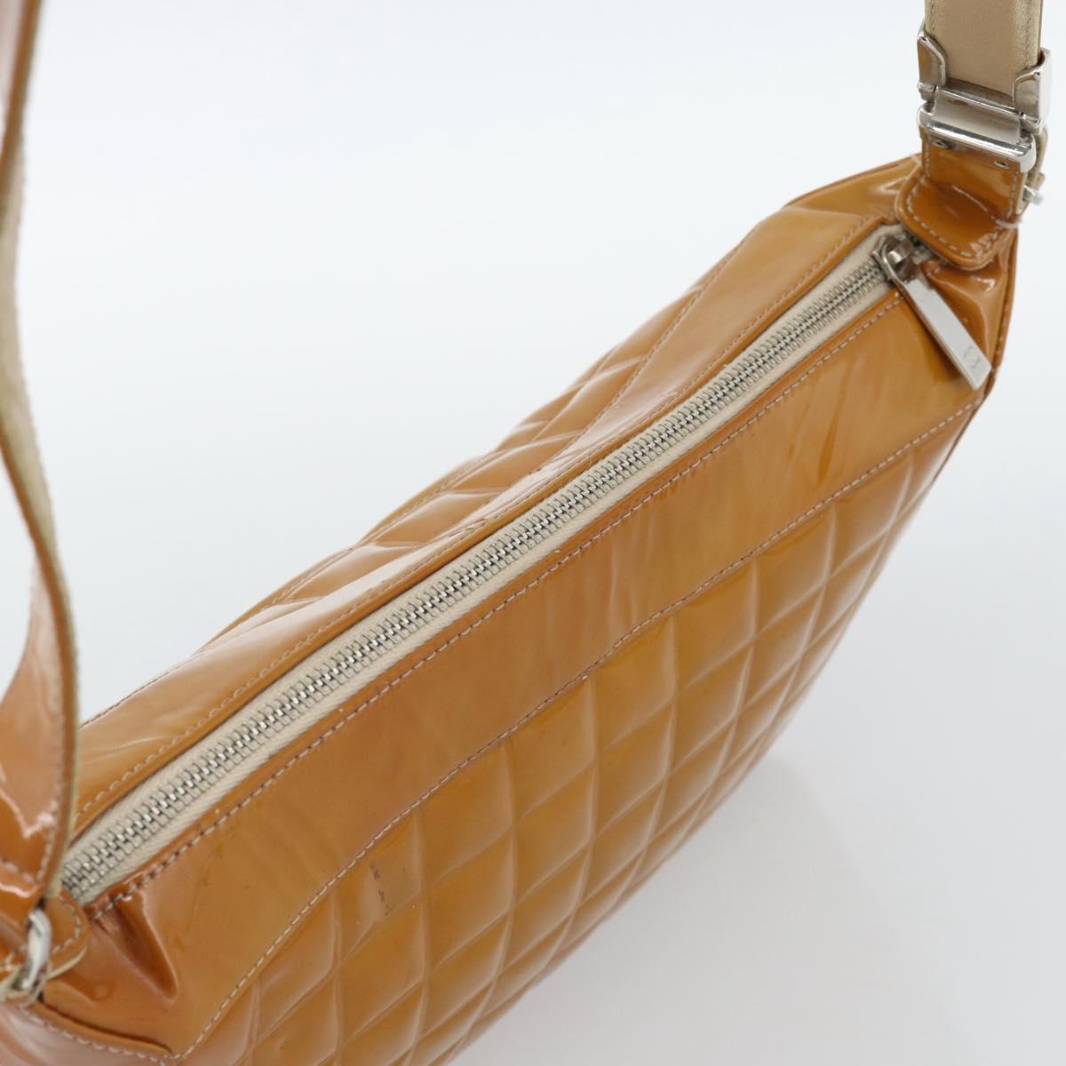 CHANEL Choco Bar Line Shoulder Bag Patent Leather Brown Silver CC Auth mr2768 image 6