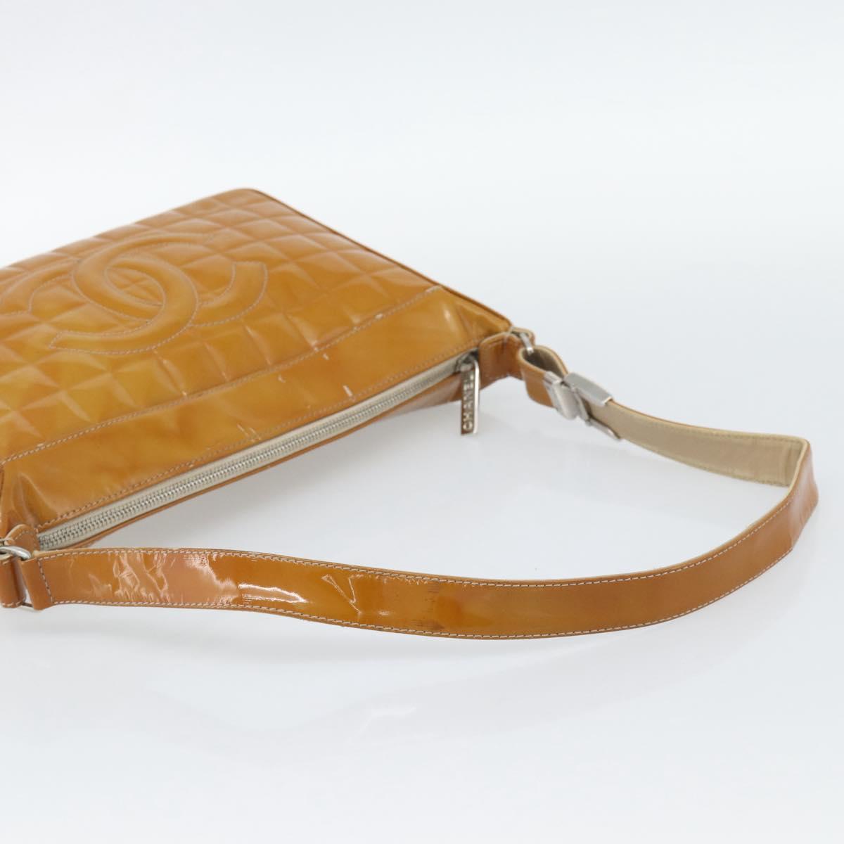 CHANEL Choco Bar Line Shoulder Bag Patent Leather Brown Silver CC Auth mr2768 image 7
