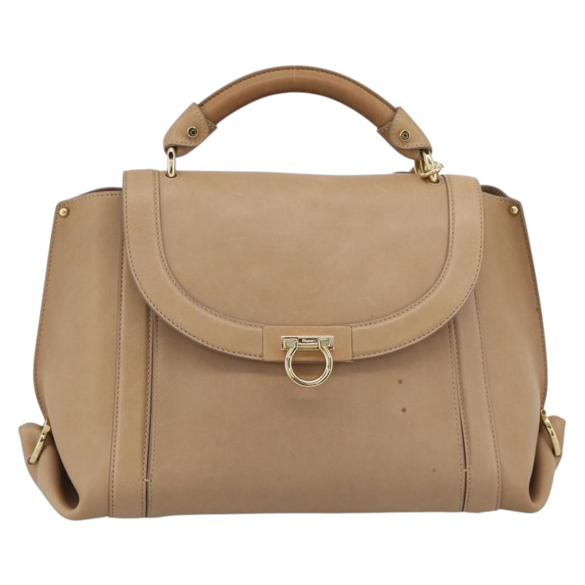 Salvatore Ferragamo Gancini Hand Bag Leather 2way Beige Gold Auth 190640 image 2