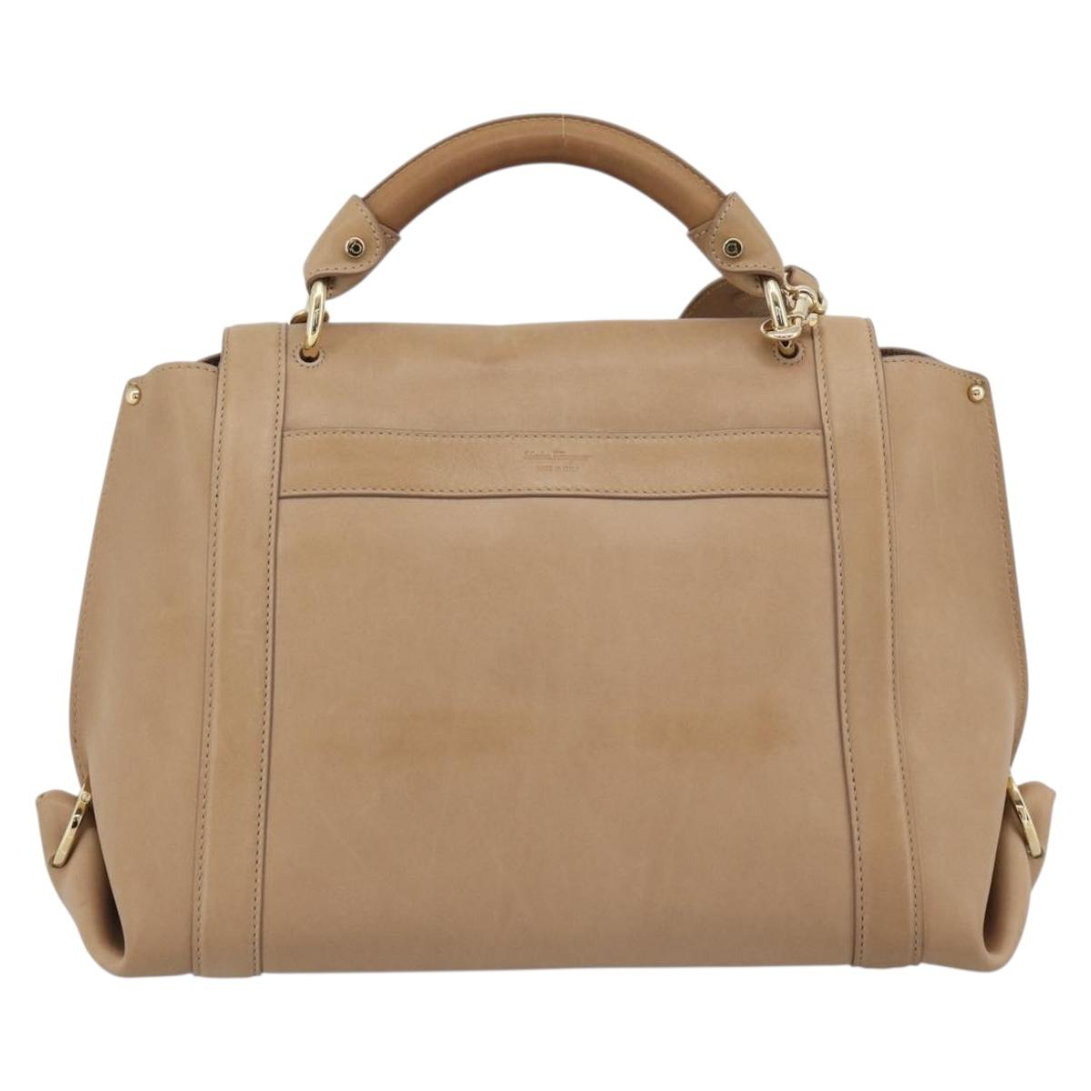 Salvatore Ferragamo Gancini Hand Bag Leather 2way Beige Gold Auth 190640 image 3