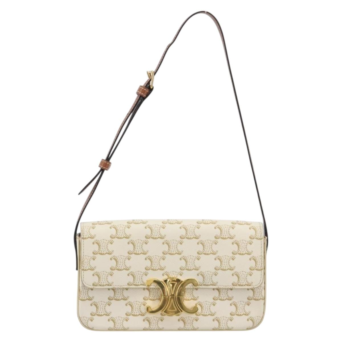 CELINE Triomphe Shoulder Bag Leather White Gold Auth BA13935M image 2