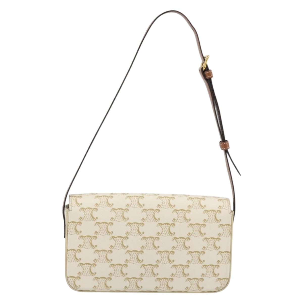 CELINE Triomphe Shoulder Bag Leather White Gold Auth BA13935M image 3