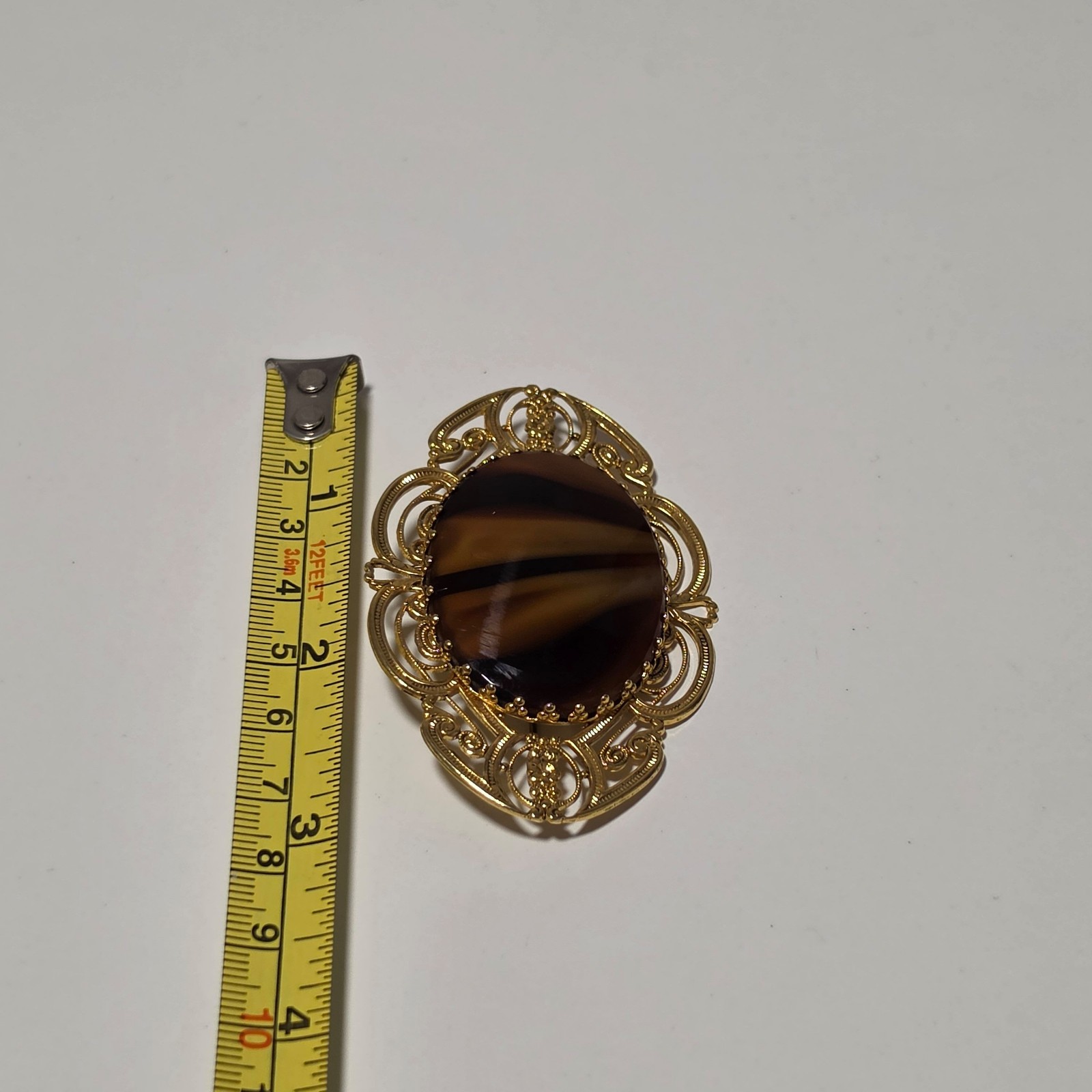 Vintage Brown Oval Brooch Large Filigreecostume gold tone Metal.b5 image 5