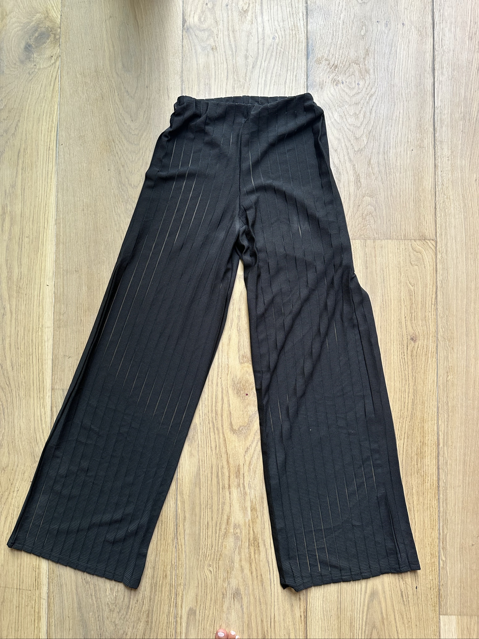 Black Women's Wide Leg Ribbed Trousers Elastic Waist Large