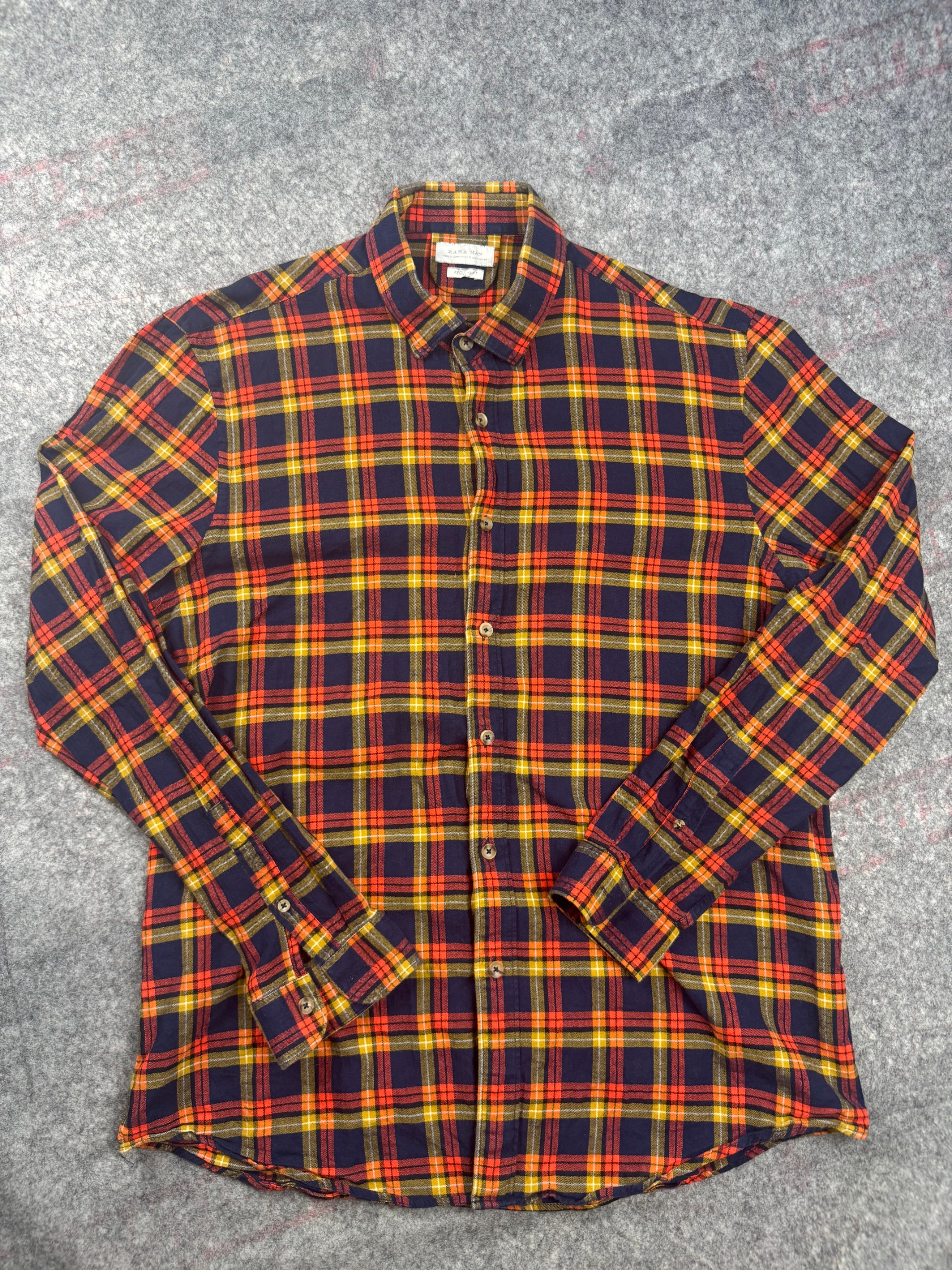 Zara Man Navy, Red & Yellow Check Long Sleeve Shirt Regular Fit Large