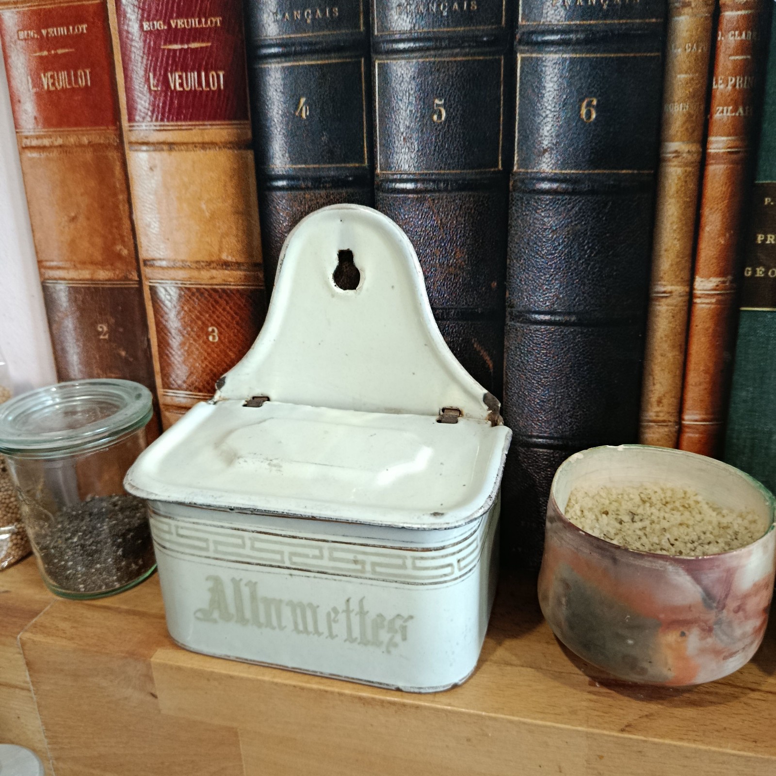 Vintage White Enamel Allumettes Wall Mount Matchbox Holder