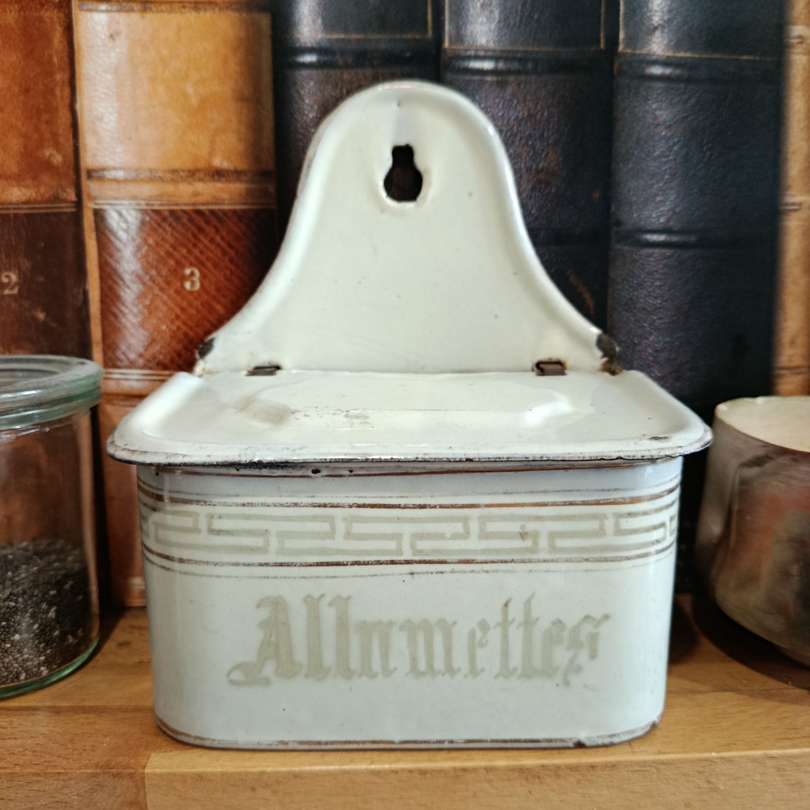 Vintage White Enamel Allumettes Wall Mount Matchbox Holder image 2
