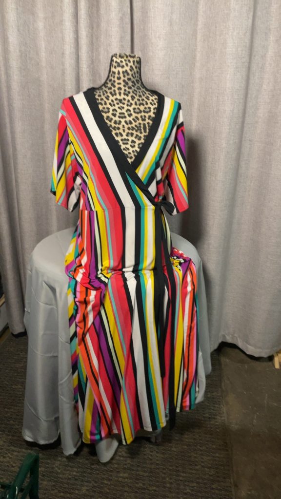 New York & Company Multi-Colour Striped Wrap Dress Large Polyester Spandex