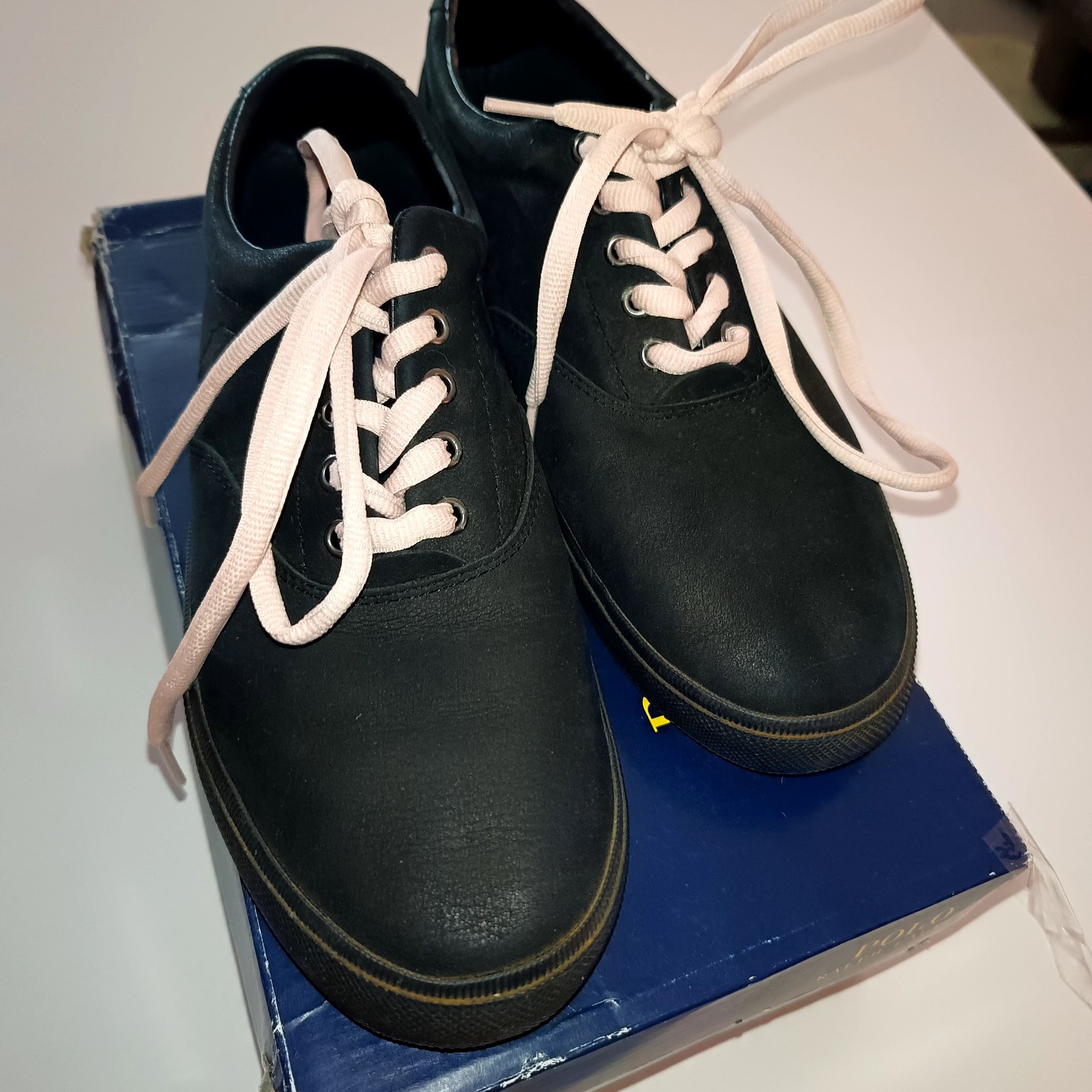 Polo Ralph Lauren Black Leather Sneakers Pink Laces Men's 12D image 5