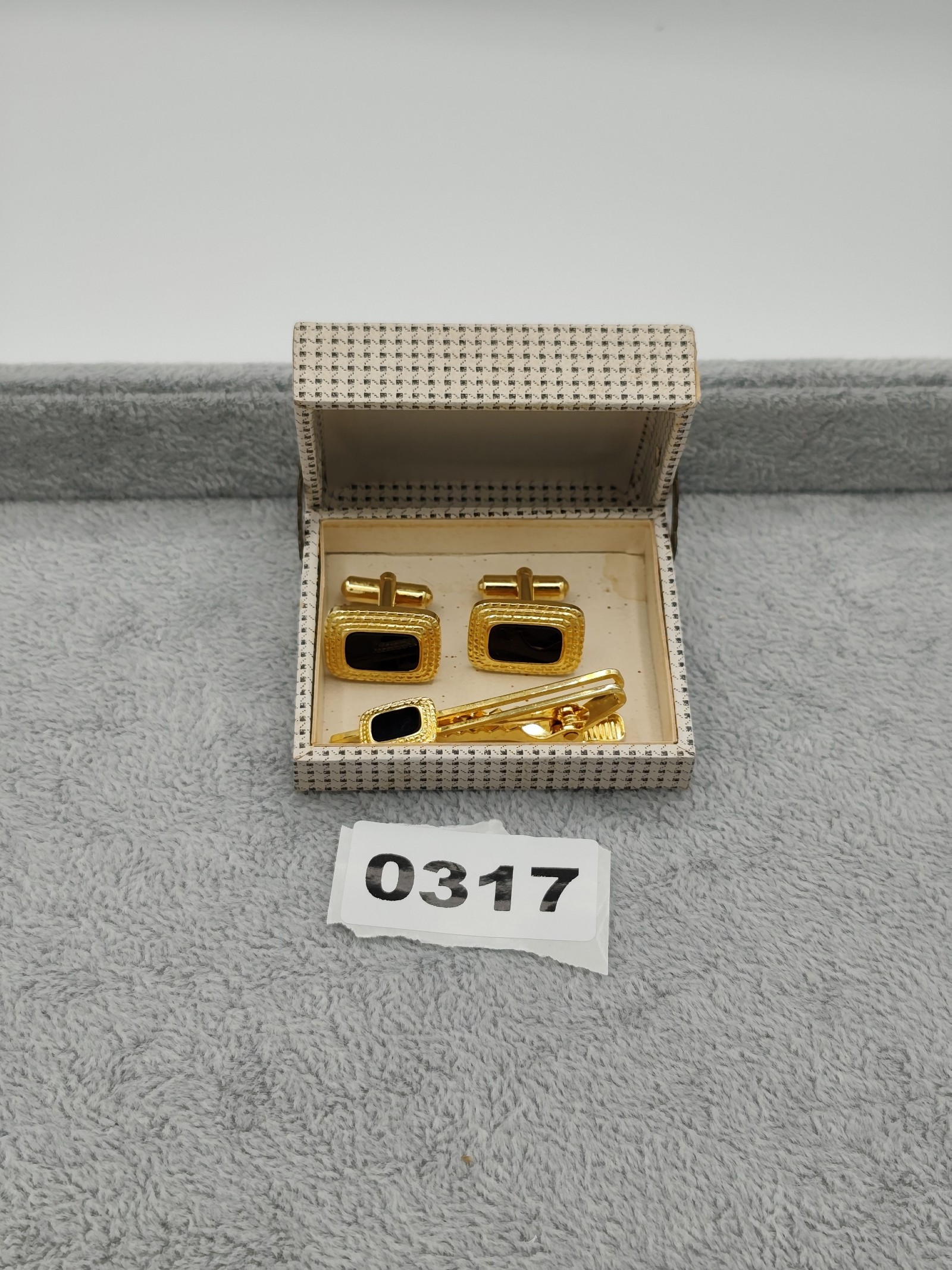 Vintage Gold & Black Rectangle Cufflinks & Tie Clip Set