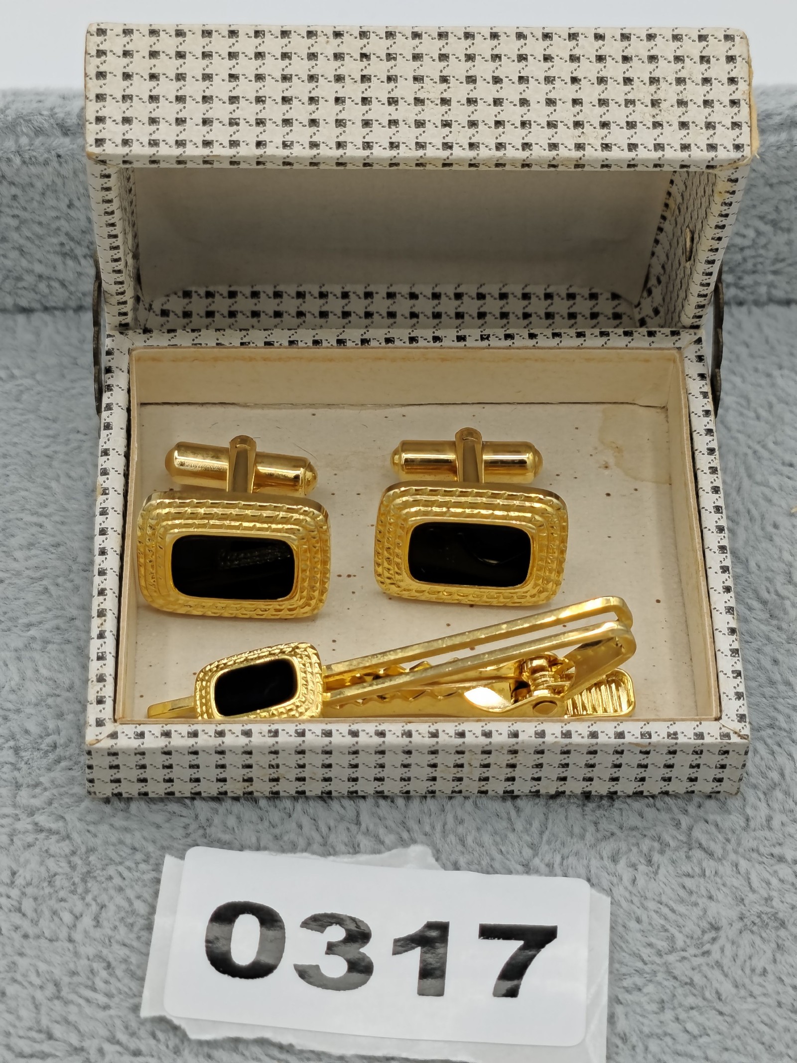 Vintage Gold & Black Rectangle Cufflinks & Tie Clip Set image 2