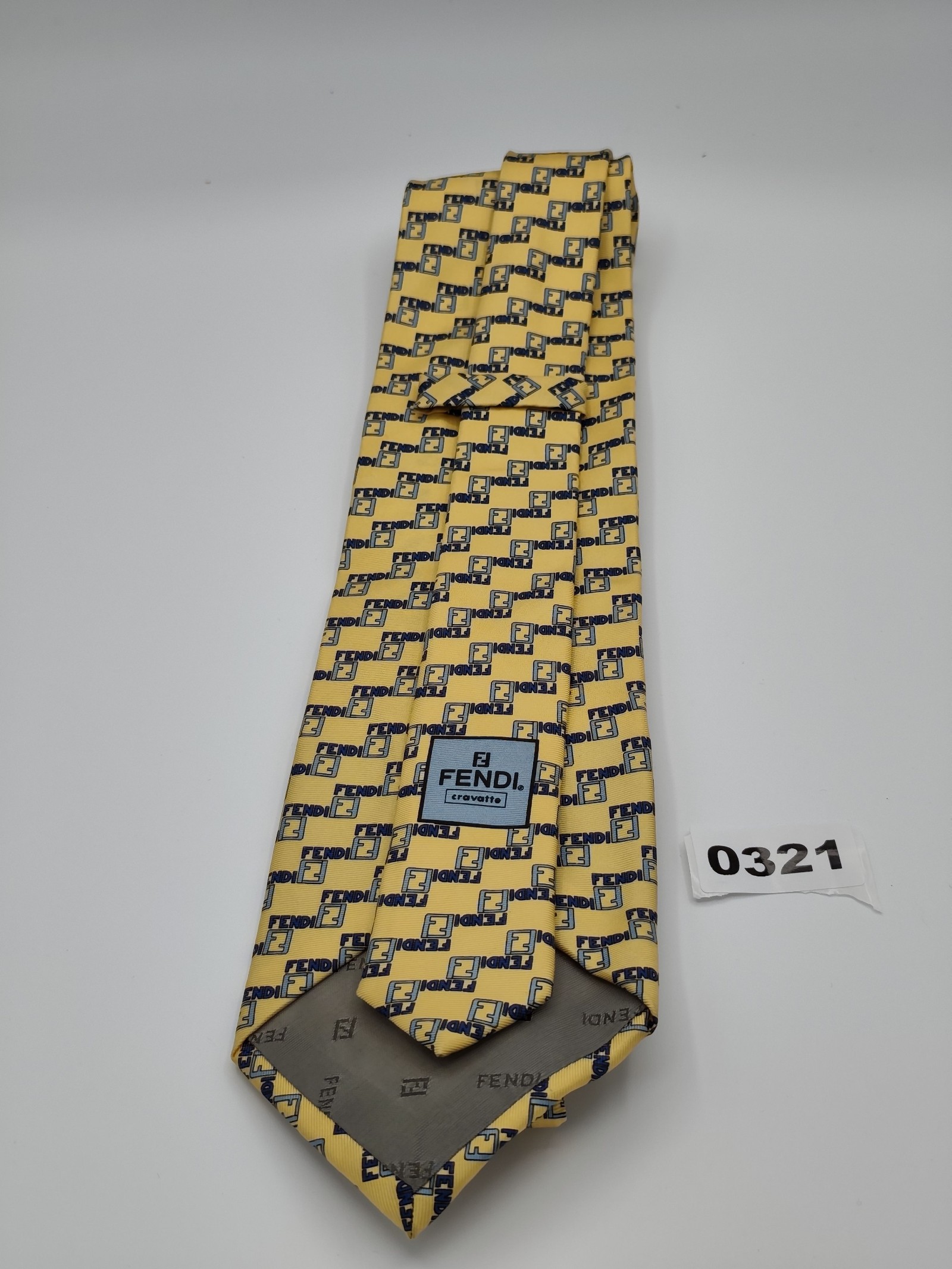 Fendi Men Yellow & Blue Logo Pattern Silk Tie