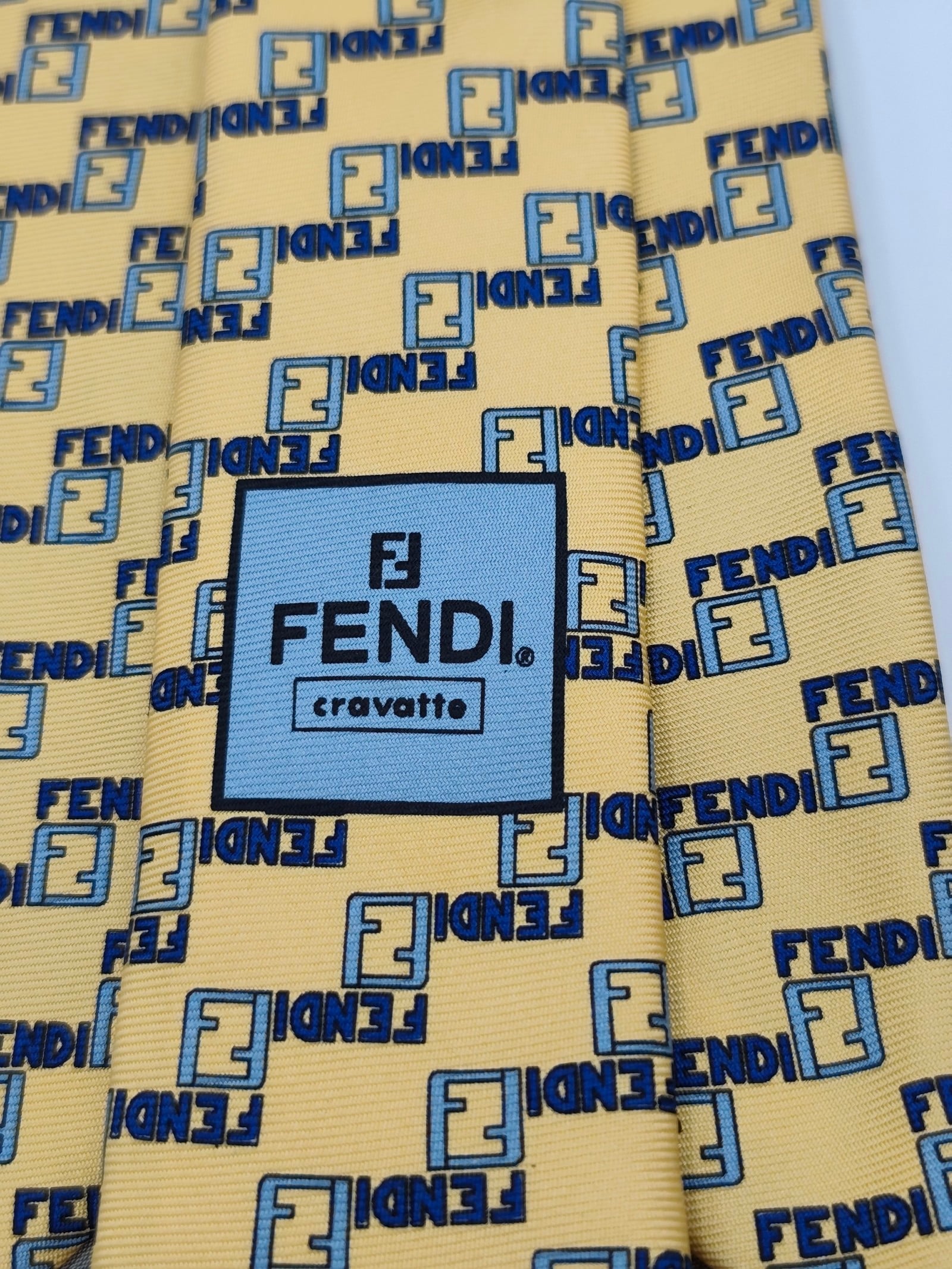 Fendi Men Yellow & Blue Logo Pattern Silk Tie image 2