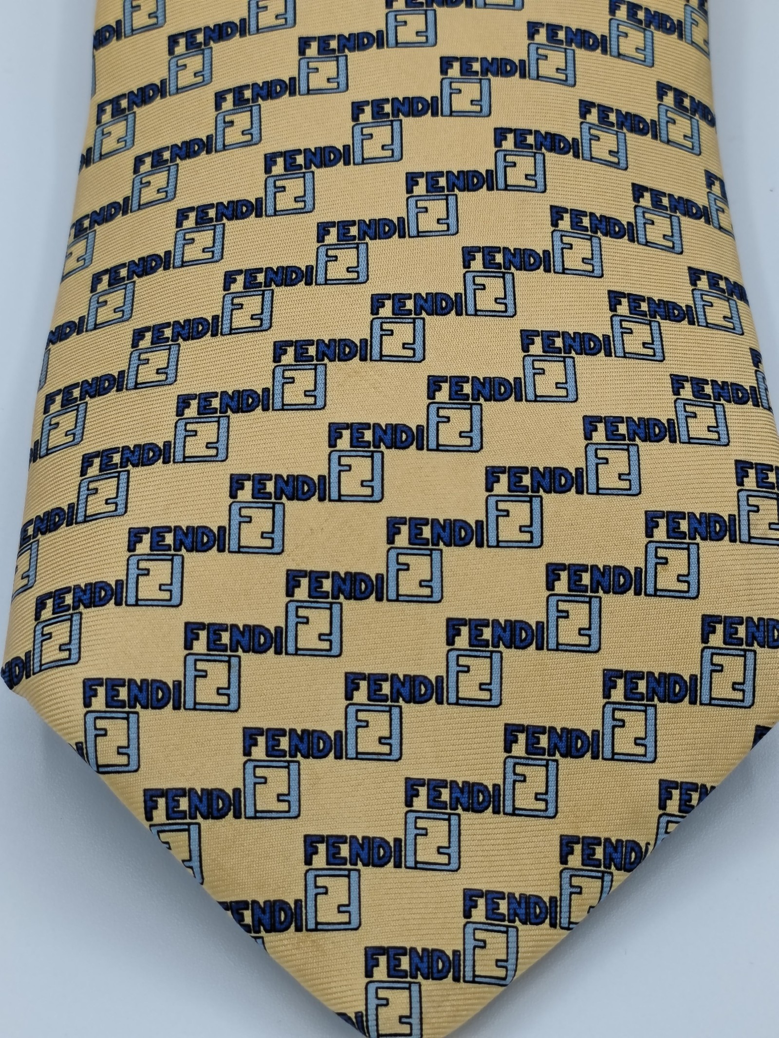 Fendi Men Yellow & Blue Logo Pattern Silk Tie image 7