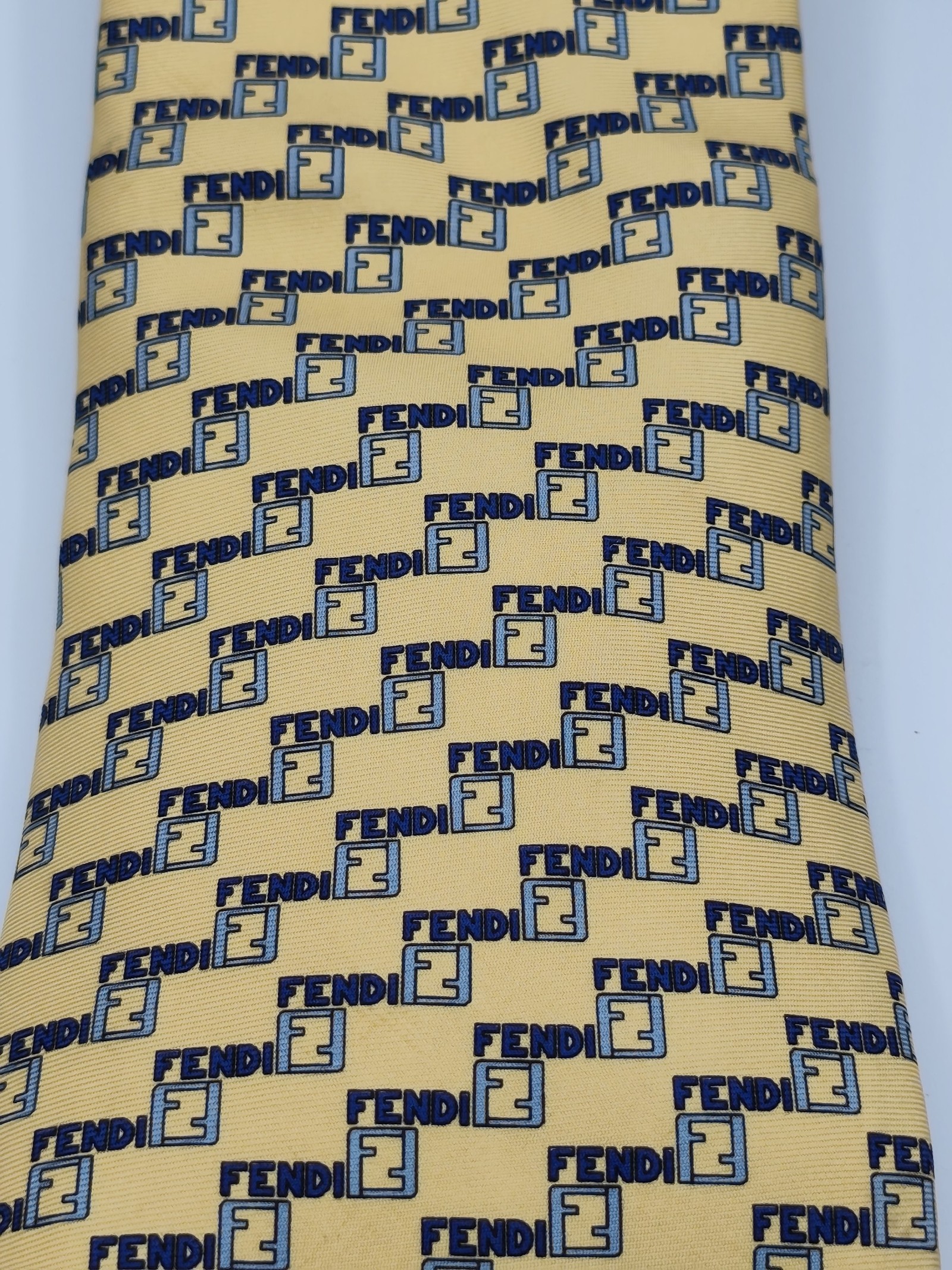 Fendi Men Yellow & Blue Logo Pattern Silk Tie image 10